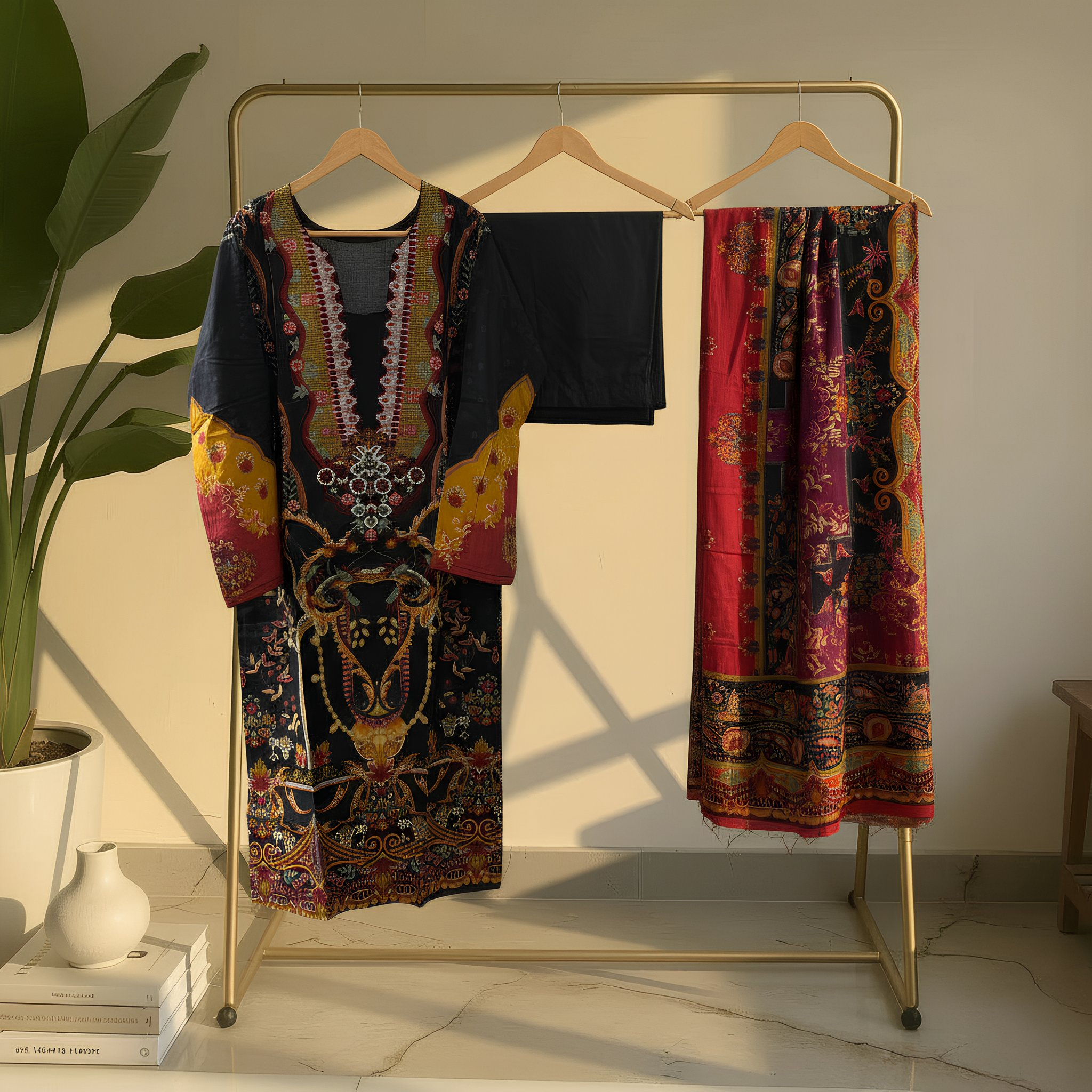 Black & Red Ethnic Printed Cotton Blend Suit Set with Designer Dupatta mo6.3