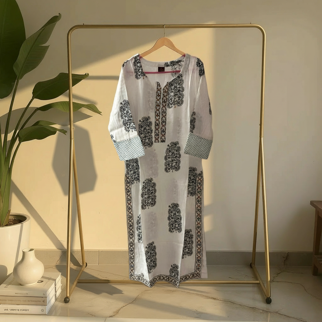 Off-White Ethnic Printed Straight Kurta with Contrast Sleeve Cuffs HO2 XL11