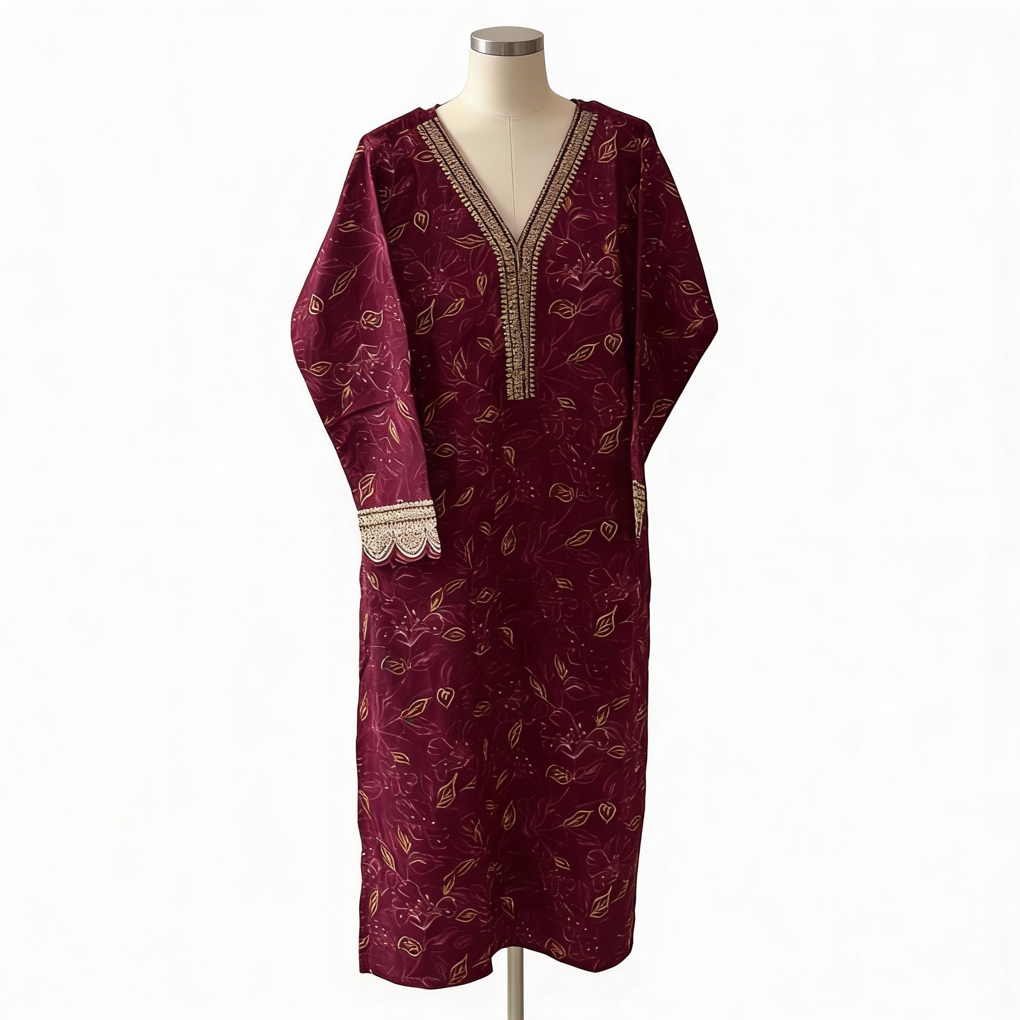 Wine Maroon Embroidered Straight Cotton Kurta HO2 XL2