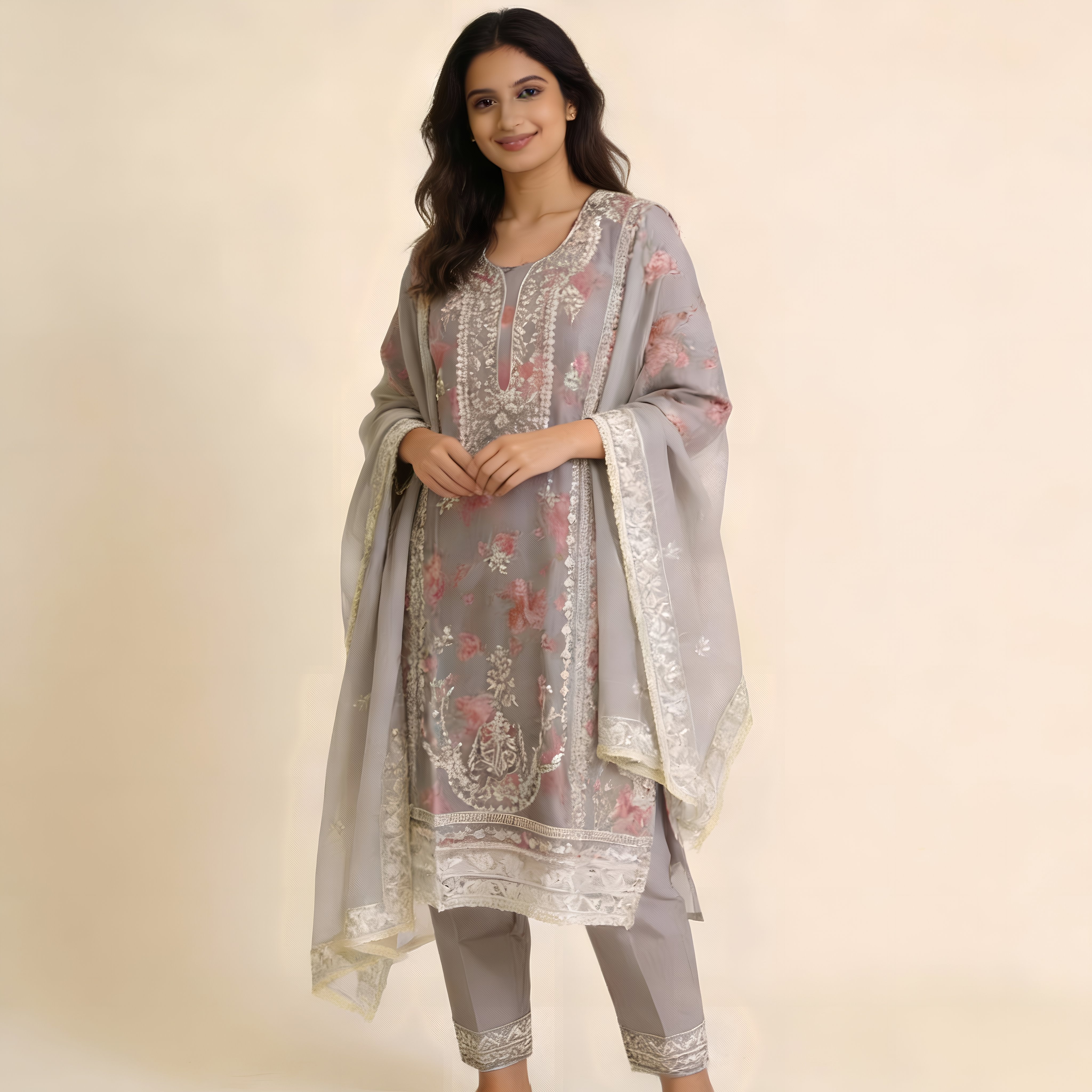 Soft Grey Floral Embroidered Cotton Blend Suit Set with Elegant Dupatta mo14.2