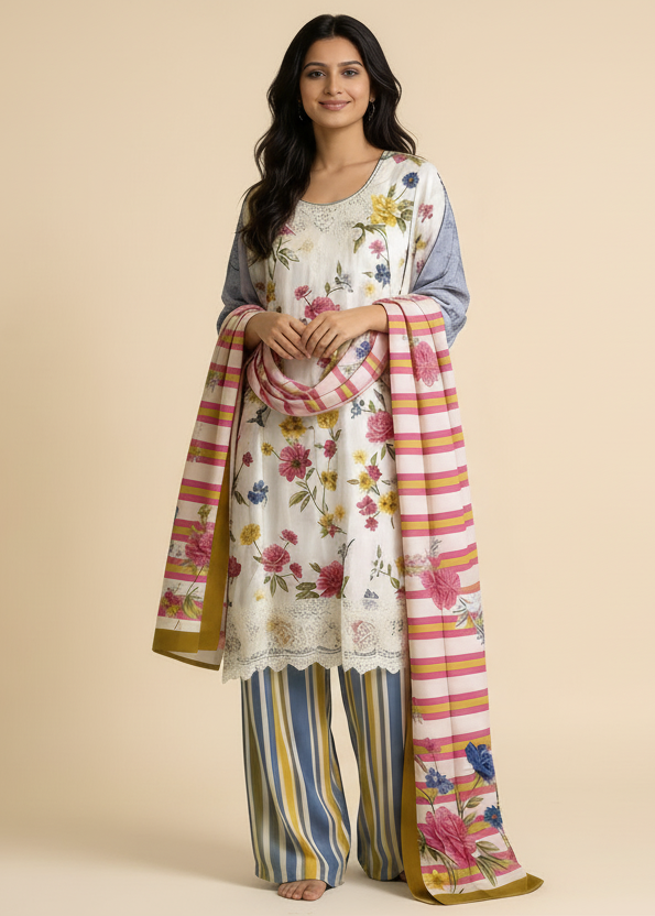 Ivory Floral Printed Cotton Blend Suit Set with Striped Designer Dupatta mo8.7