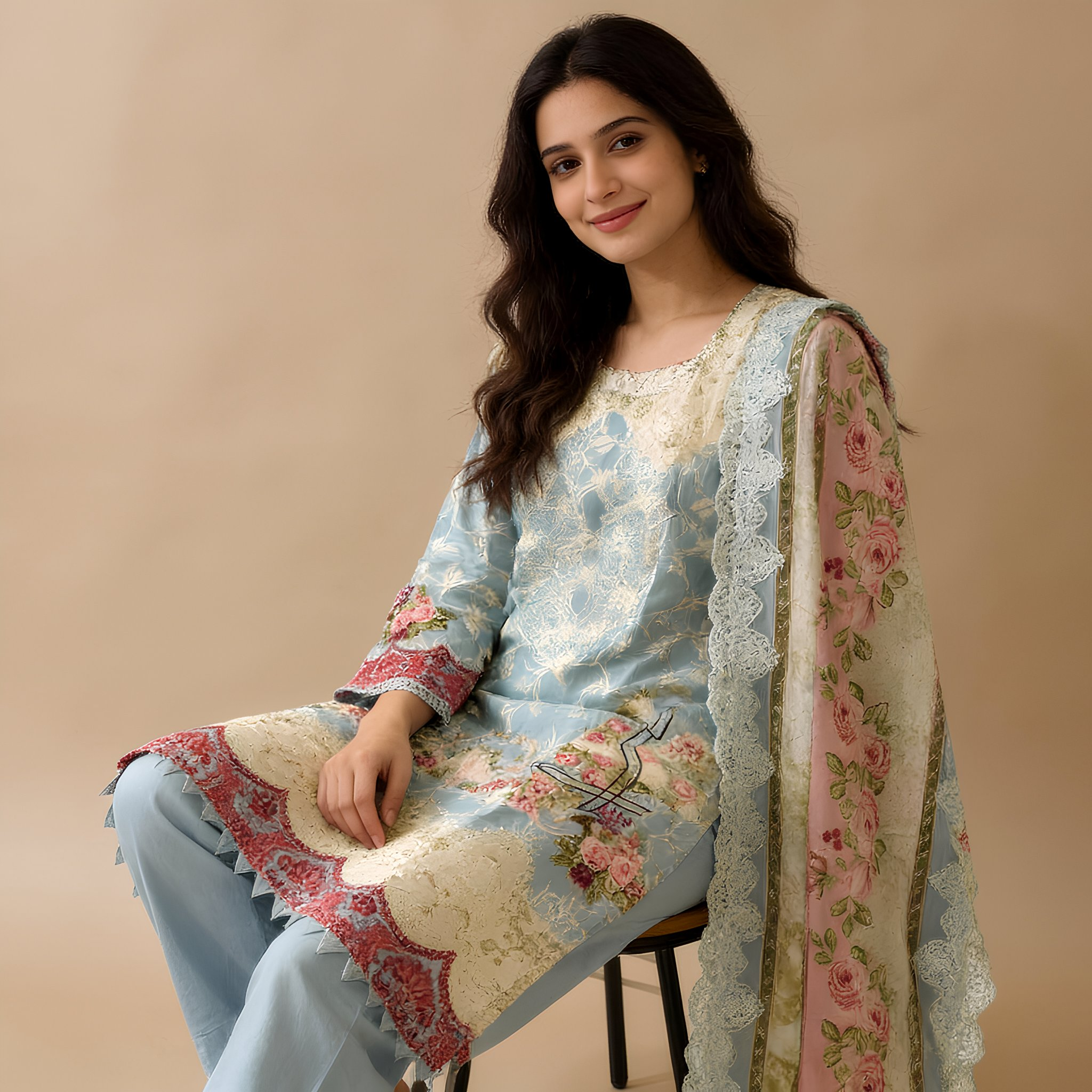 Pastel Blue Floral Printed Cotton Blend Suit Set with Designer Dupatta  mo4.2