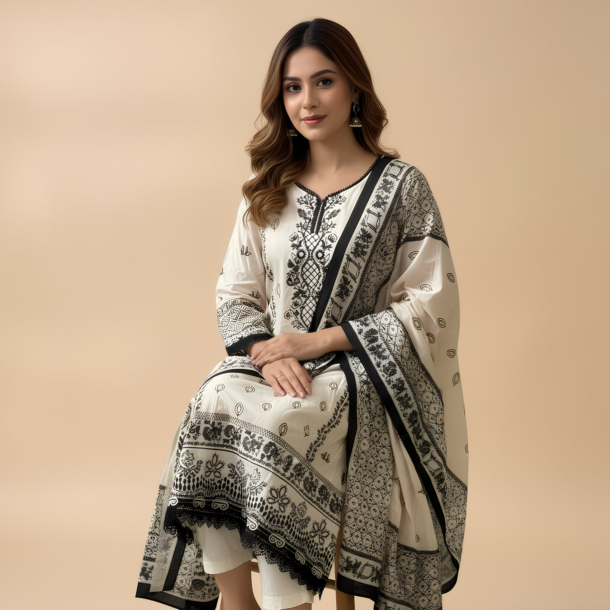 Cream & Black Printed Cotton Suit Set with Dupatta MO7.2