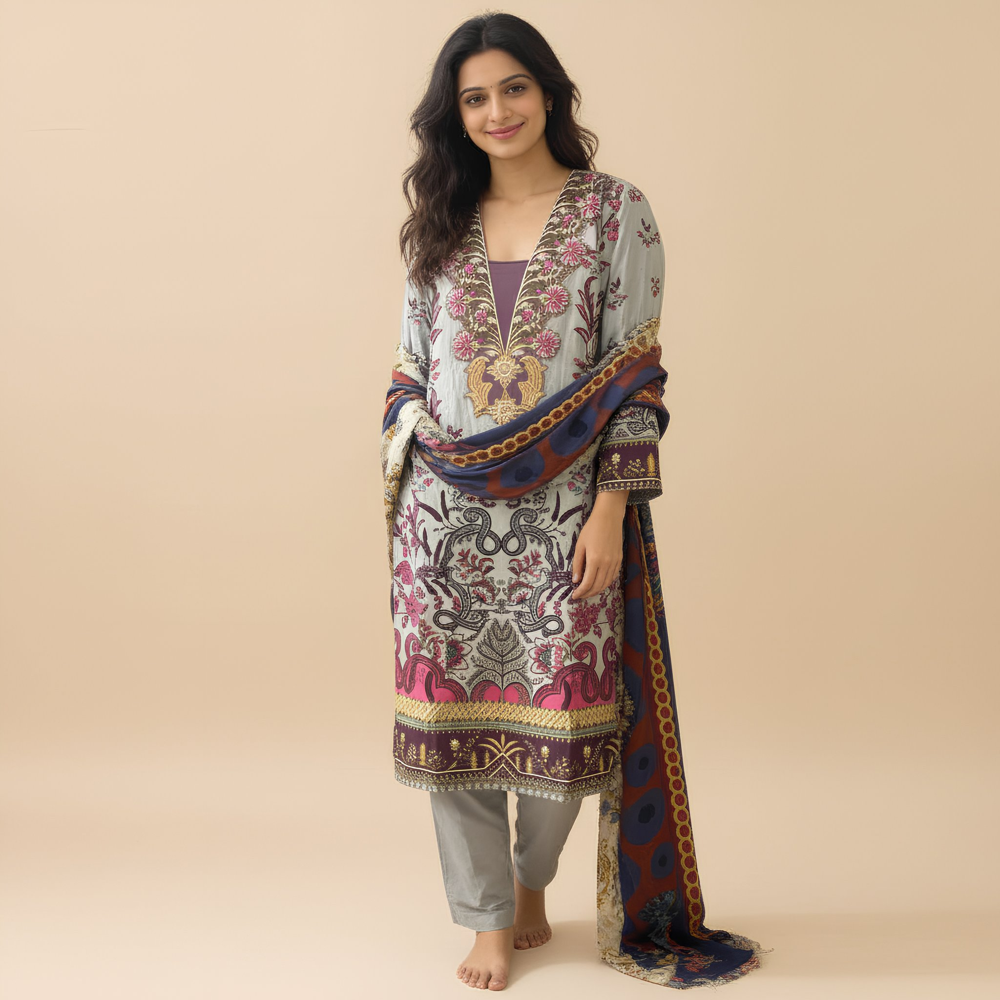 Off-White & Multicolor Printed Cotton Suit MO6.7