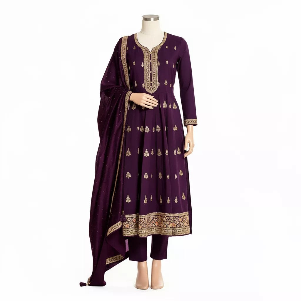 Wine Purple Embroidered Suit Set Ho 12