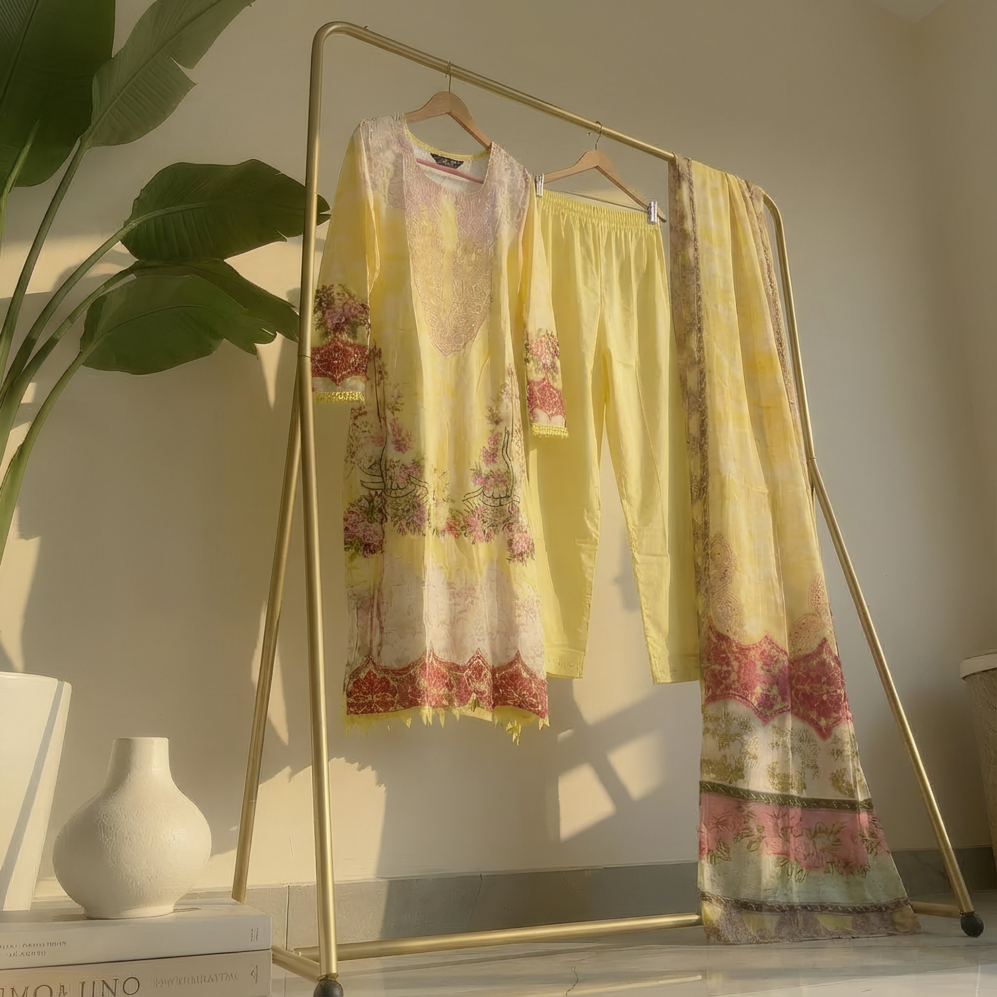 Soft Yellow Floral Printed Poly-Cotton Suit Set with Coordinated Dupatta MO4.1