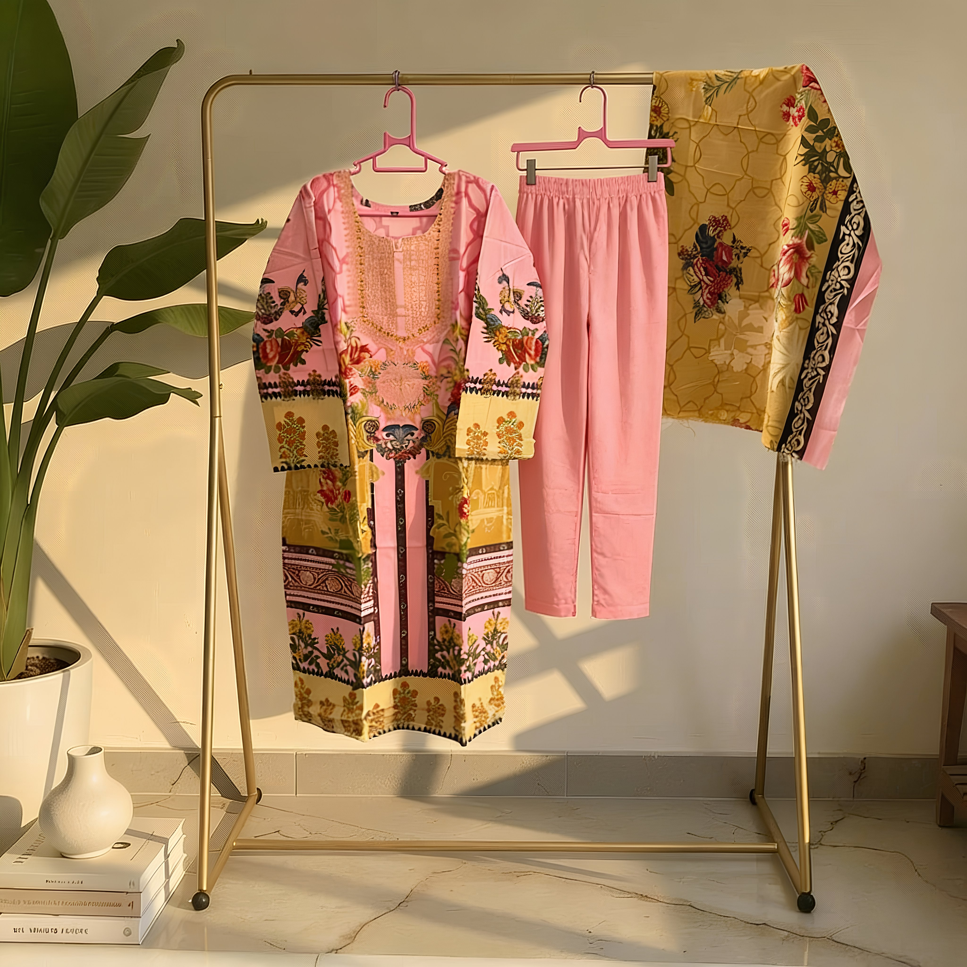 Blush Pink & Mustard Floral Printed Suit Set with Coordinated Dupatta MO5.3
