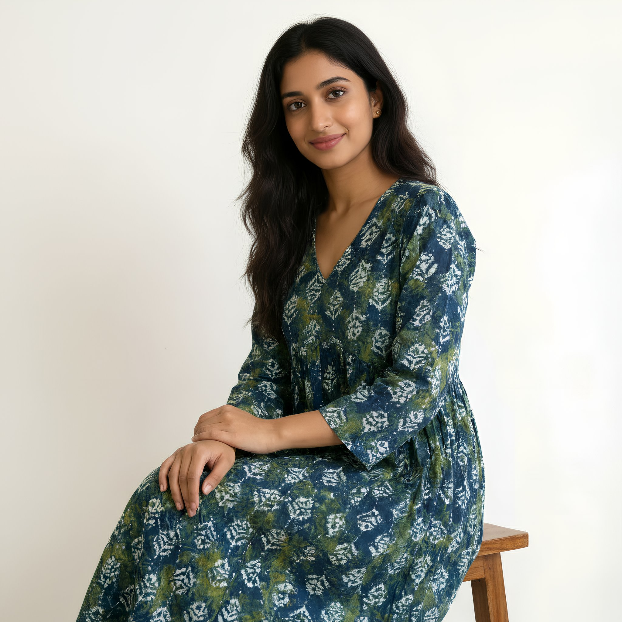 Elegant Green & Navy Floral Printed A-Line Kurta HO 2 S5