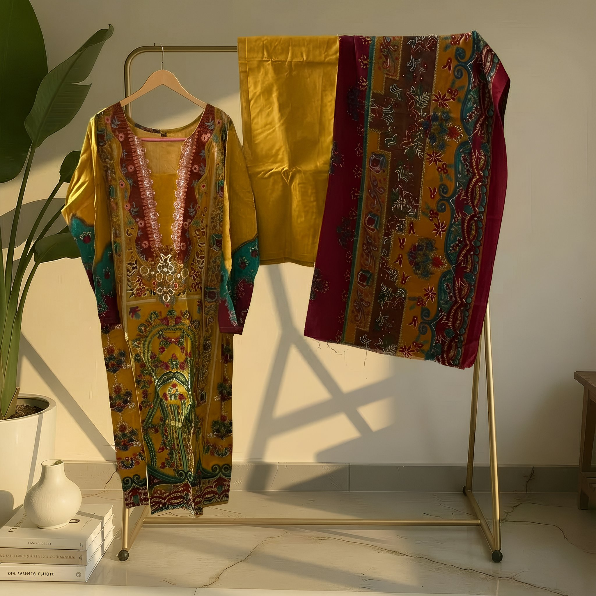 Mustard Yellow Ethnic Printed Cotton Blend Suit Set with Designer Dupatta  mo6.2