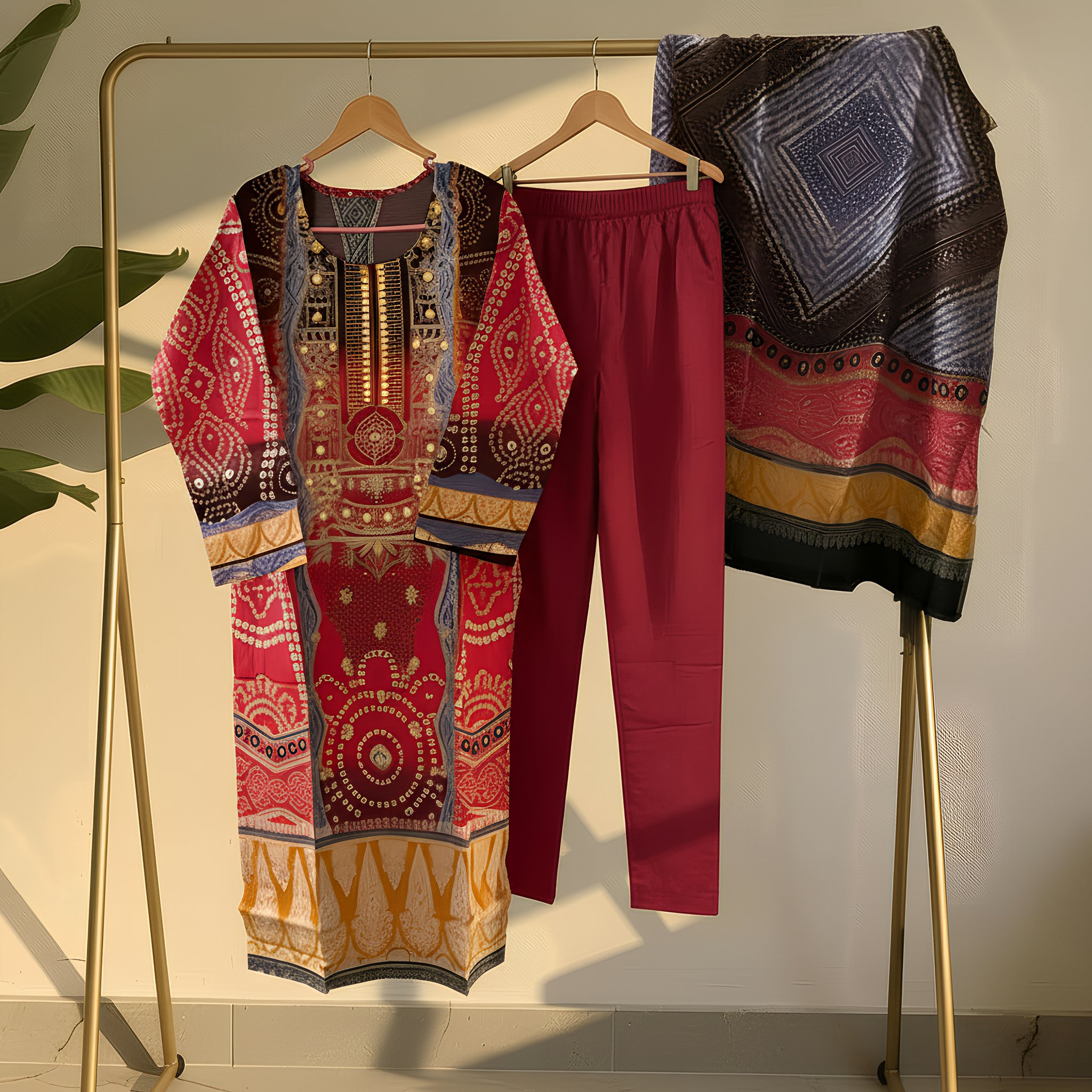 Red & Multicolor Bandhani Print Cotton Blend Suit Set with Coordinated Dupatta MO1.5