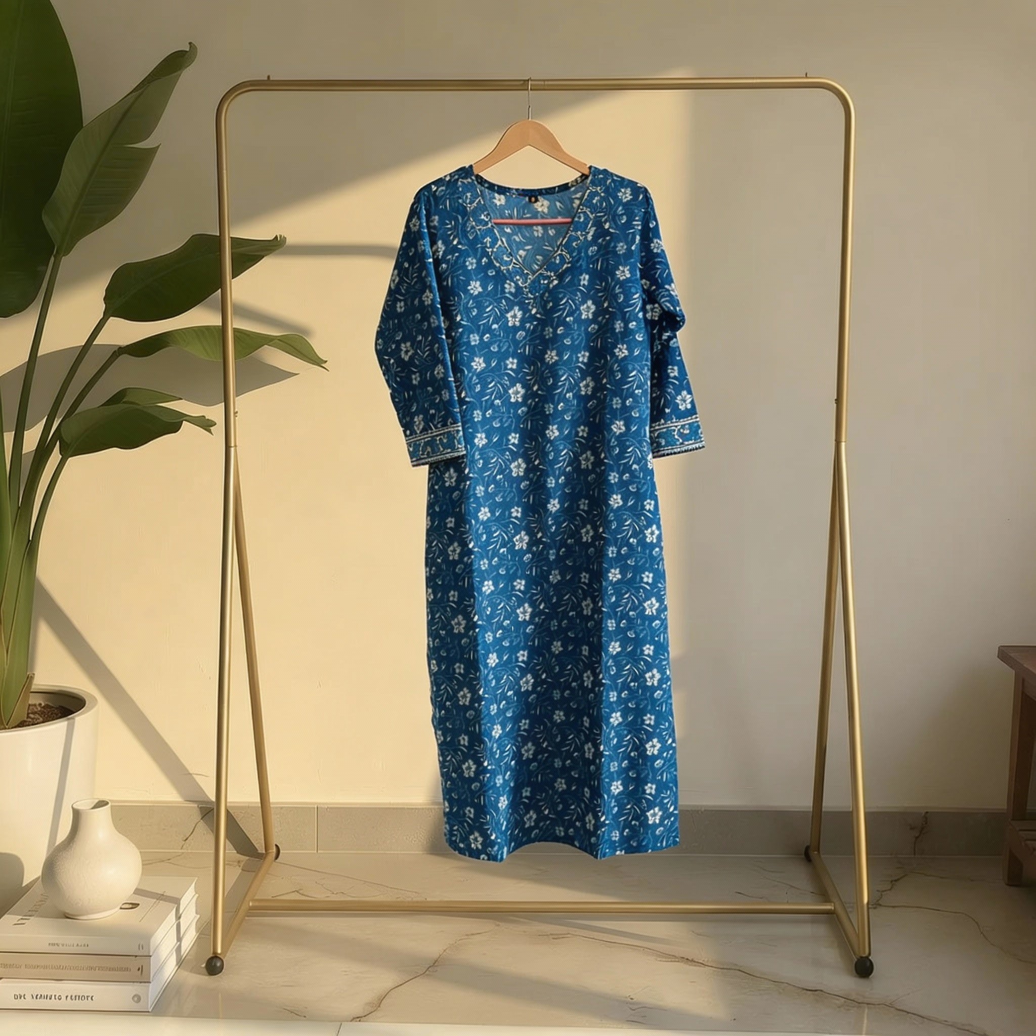 Indigo Blue Floral Printed V-Neck Kurta HO 2 M4