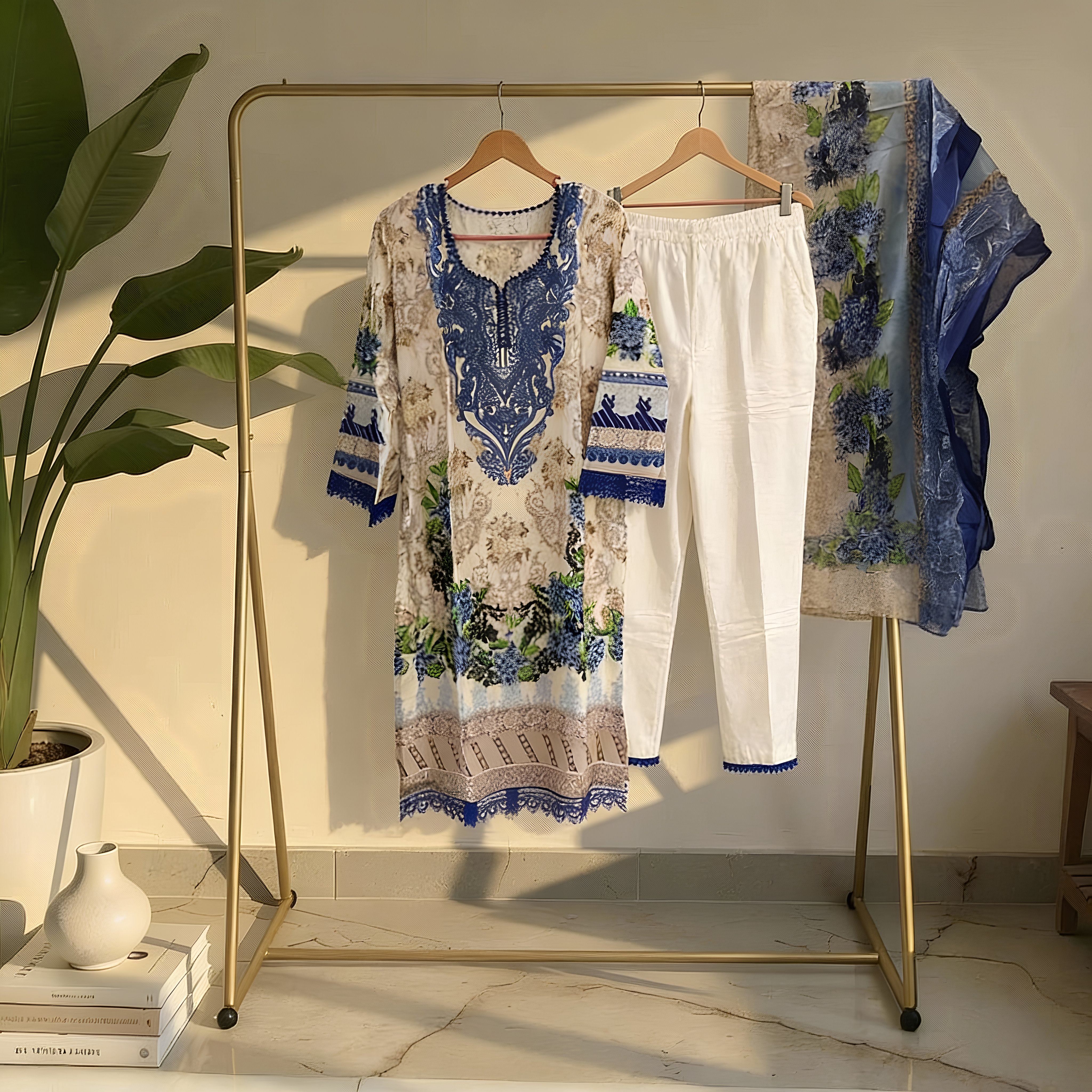 Ivory & Royal Blue Floral Printed Cotton Blend Suit Set with Designer Dupatta mo11.6