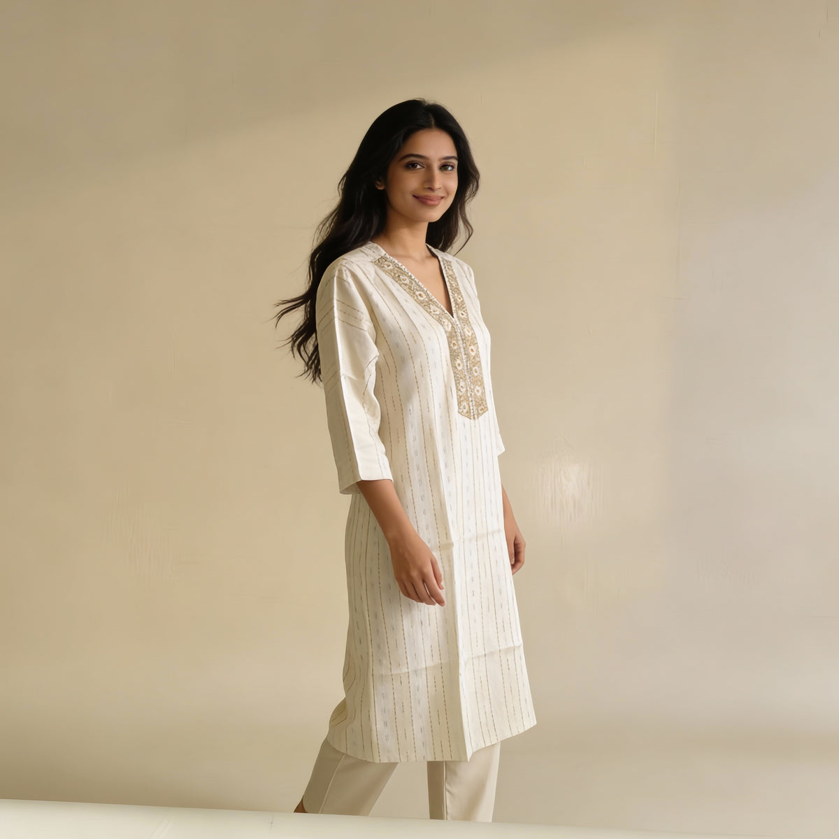 Ivory Stripe Kurta HO 6 - WHITE