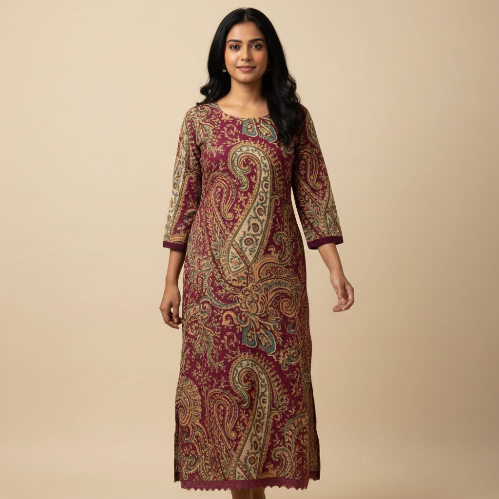 Wine Paisley Printed Straight Cotton Kurta HO2 XL5