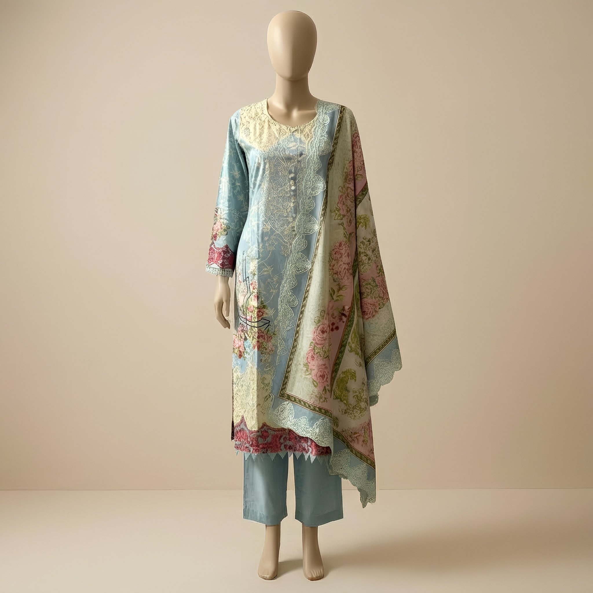 Pastel Blue Floral Printed Cotton Blend Suit Set with Designer Dupatta  mo4.2