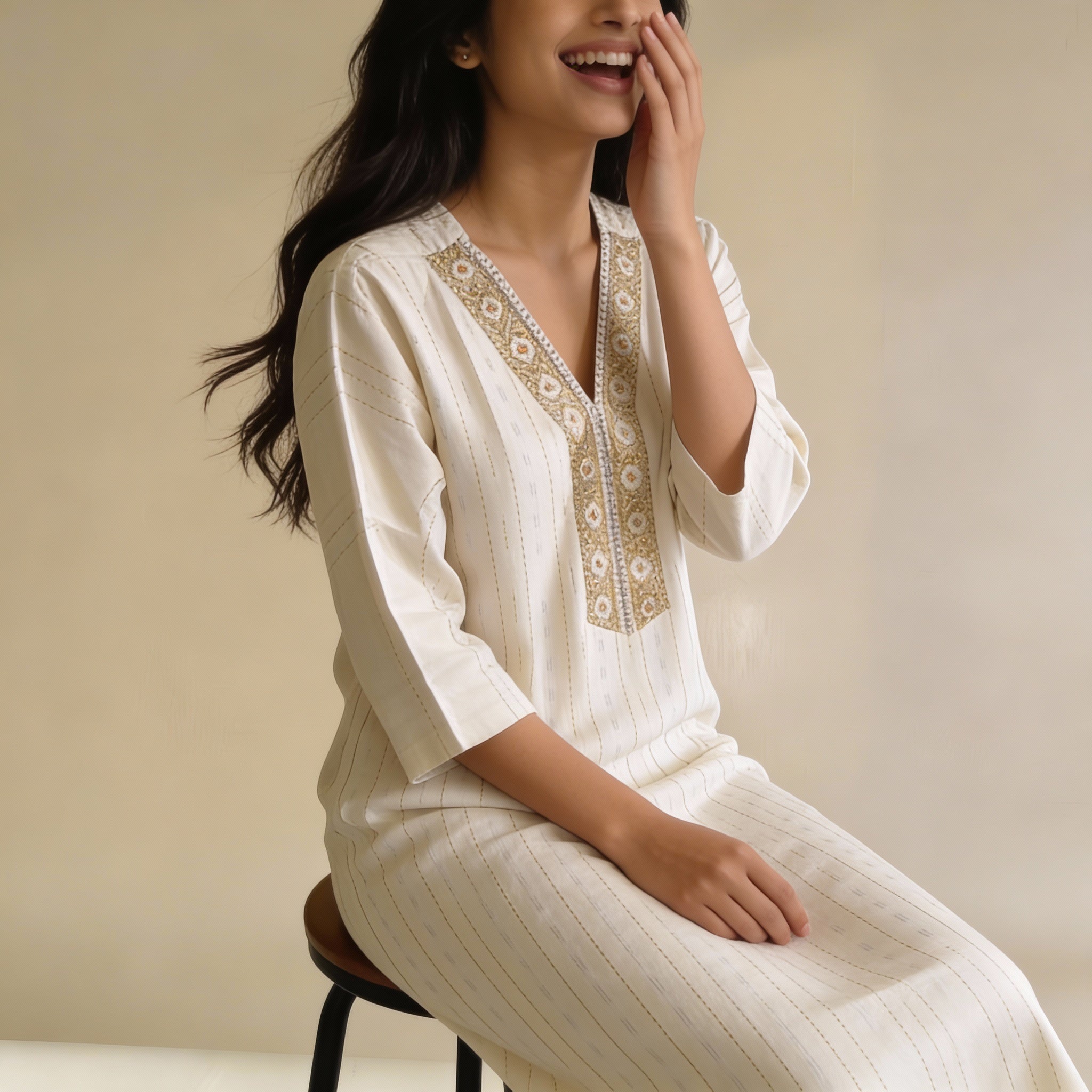 Ivory Stripe Kurta HO 6 - WHITE