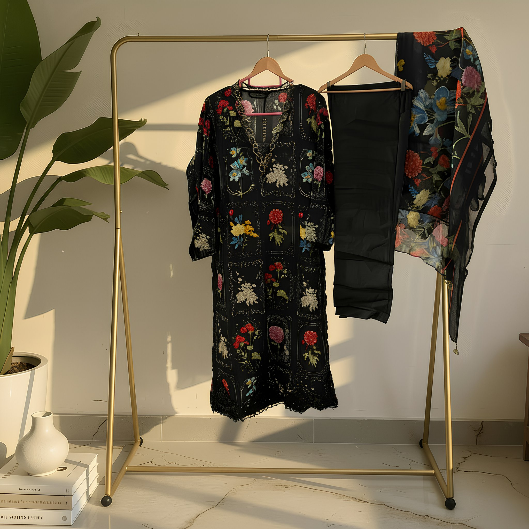 Black Floral Printed Cotton Blend Suit Set with Sheer Designer Dupatta mo8.10