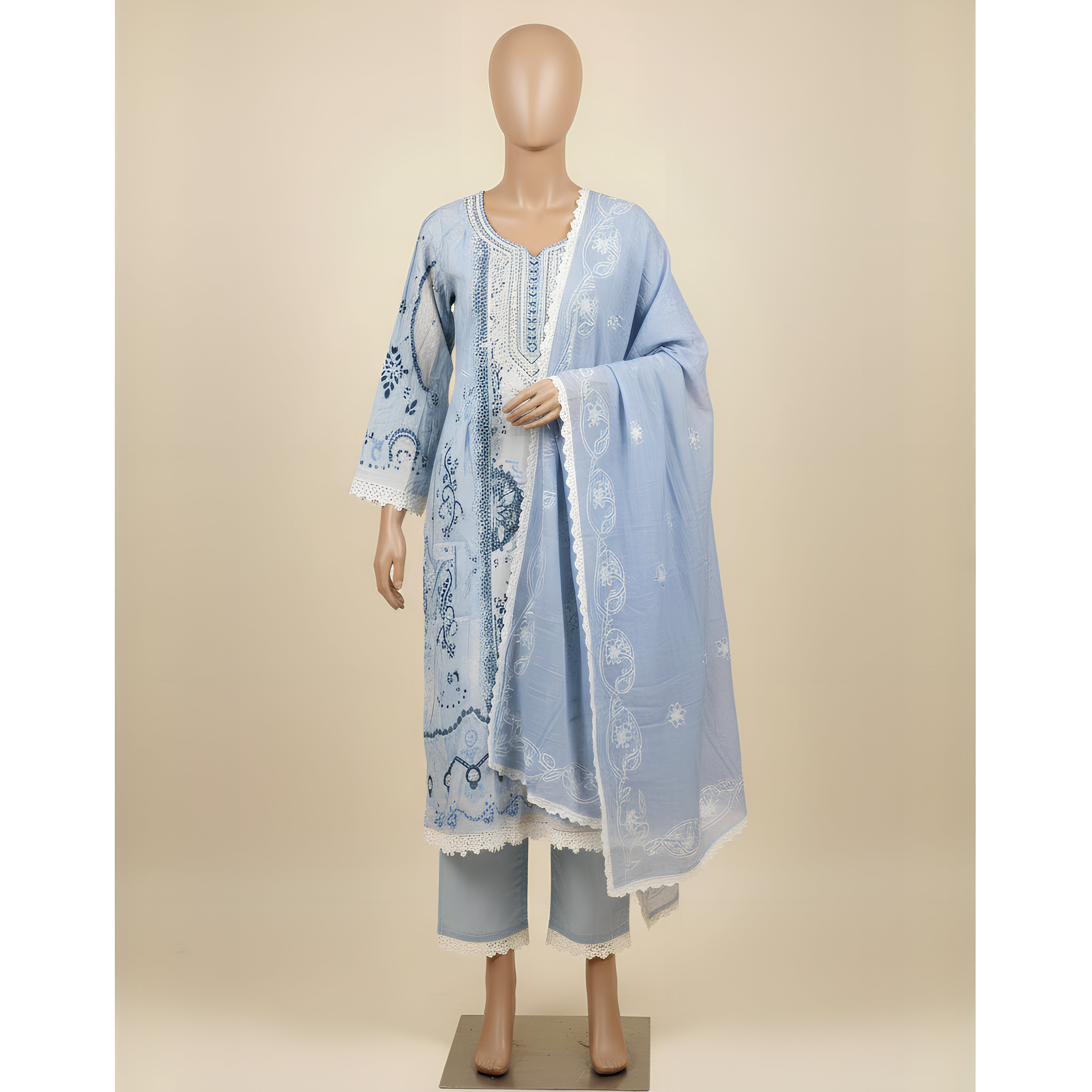 Powder Blue Printed Cotton Suit Set MO11.4