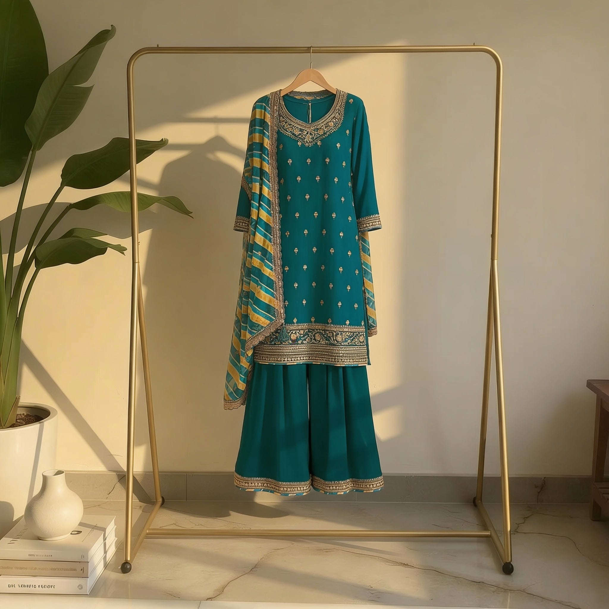 Classic Green Embroidered Suit Set Ho 7 - GREEN