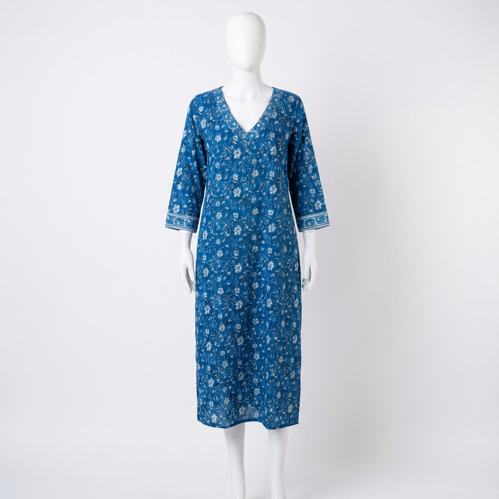 Indigo Blue Floral Printed V-Neck Kurta HO 2 M4