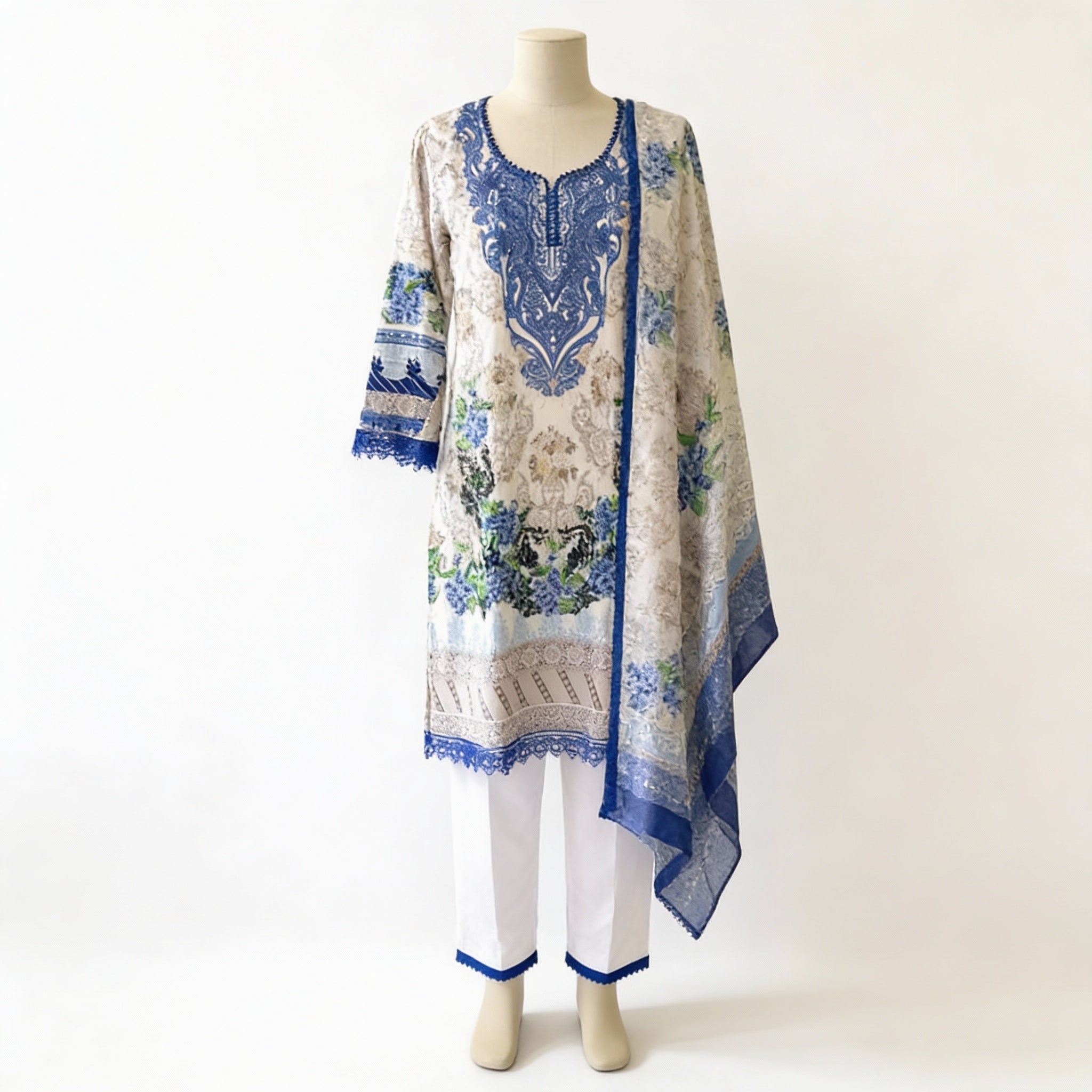 Ivory & Royal Blue Printed Cotton Suit Set M011.6