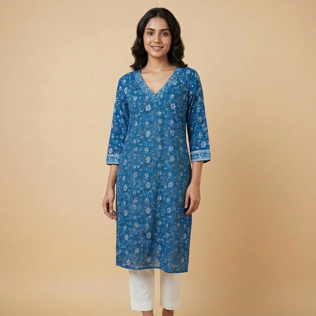 Indigo Blue Floral Printed V-Neck Kurta HO 2 M4
