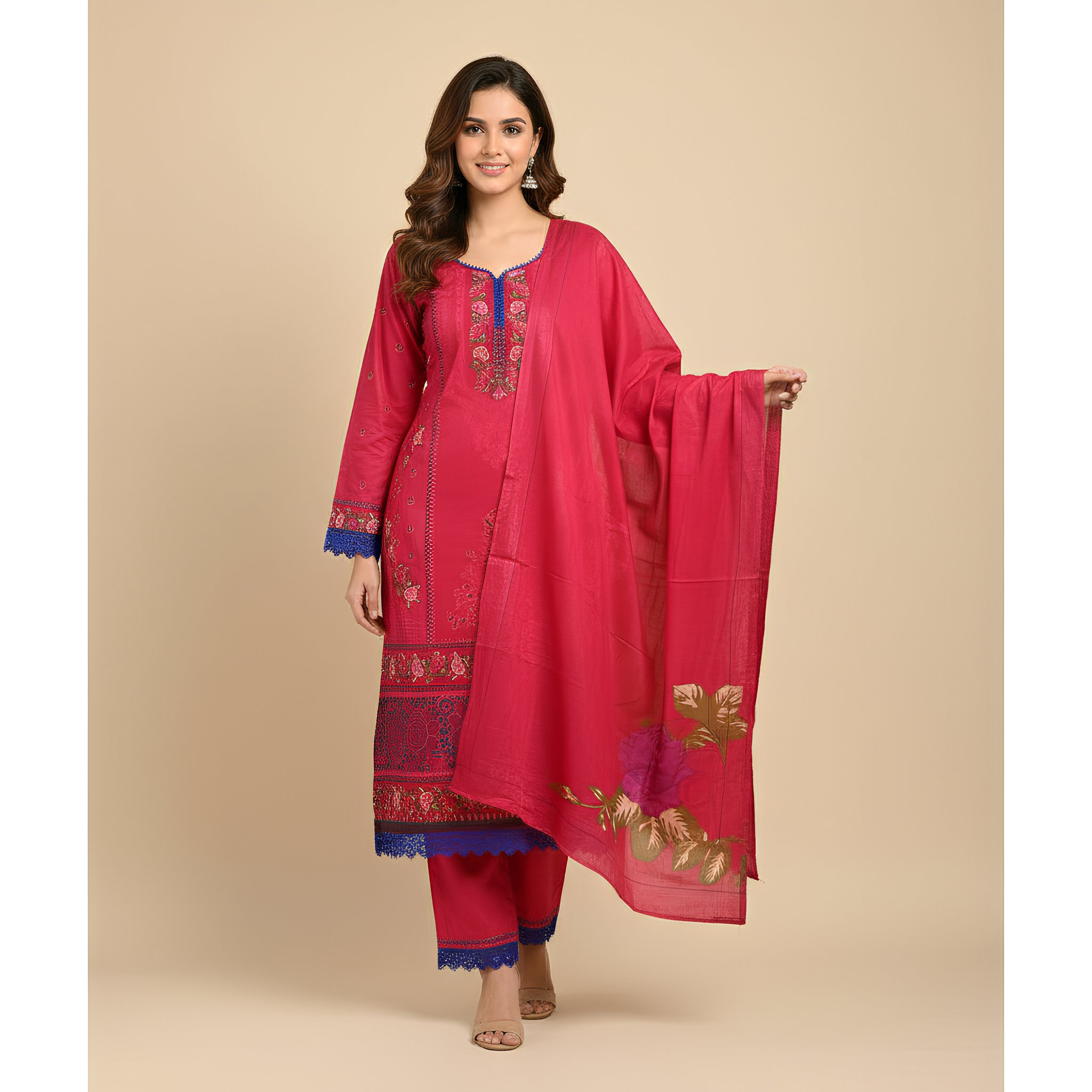 Deep Crimson Printed Cotton Suit Set  MO13.4