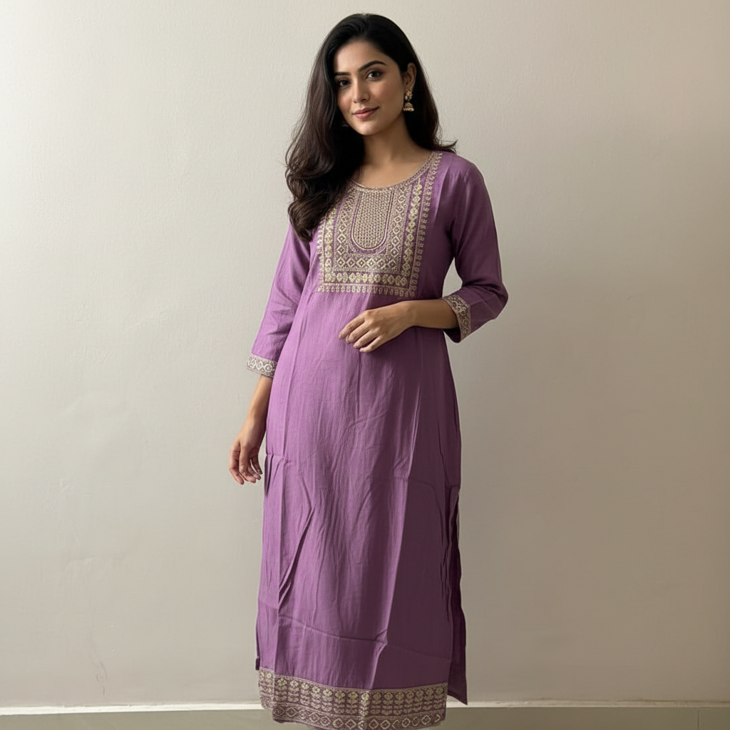 Plum Purple Embroidered Straight Cotton Kurta HO2 XL1
