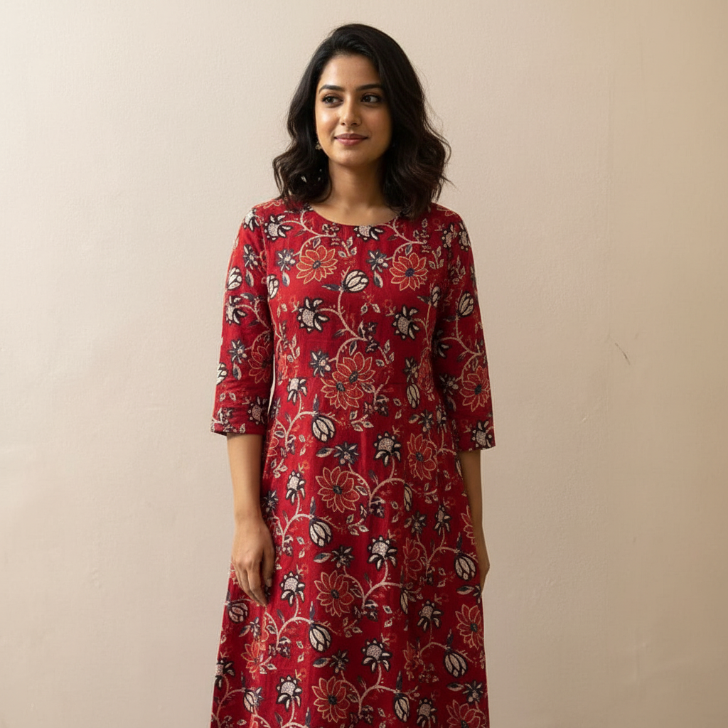 Deep Red Floral Printed Anarkali Style Kurta HO2 2XL-1