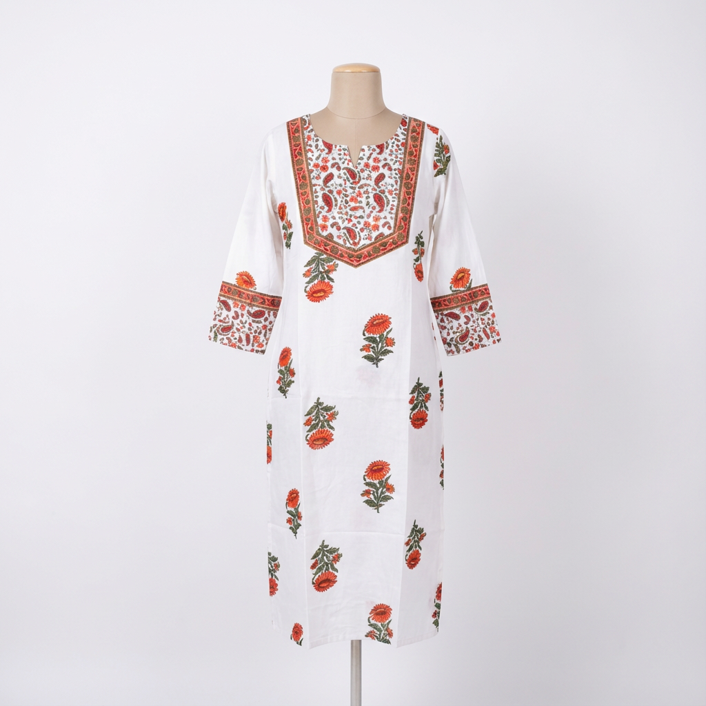 White Floral Printed Straight Kurta HO 2 M1
