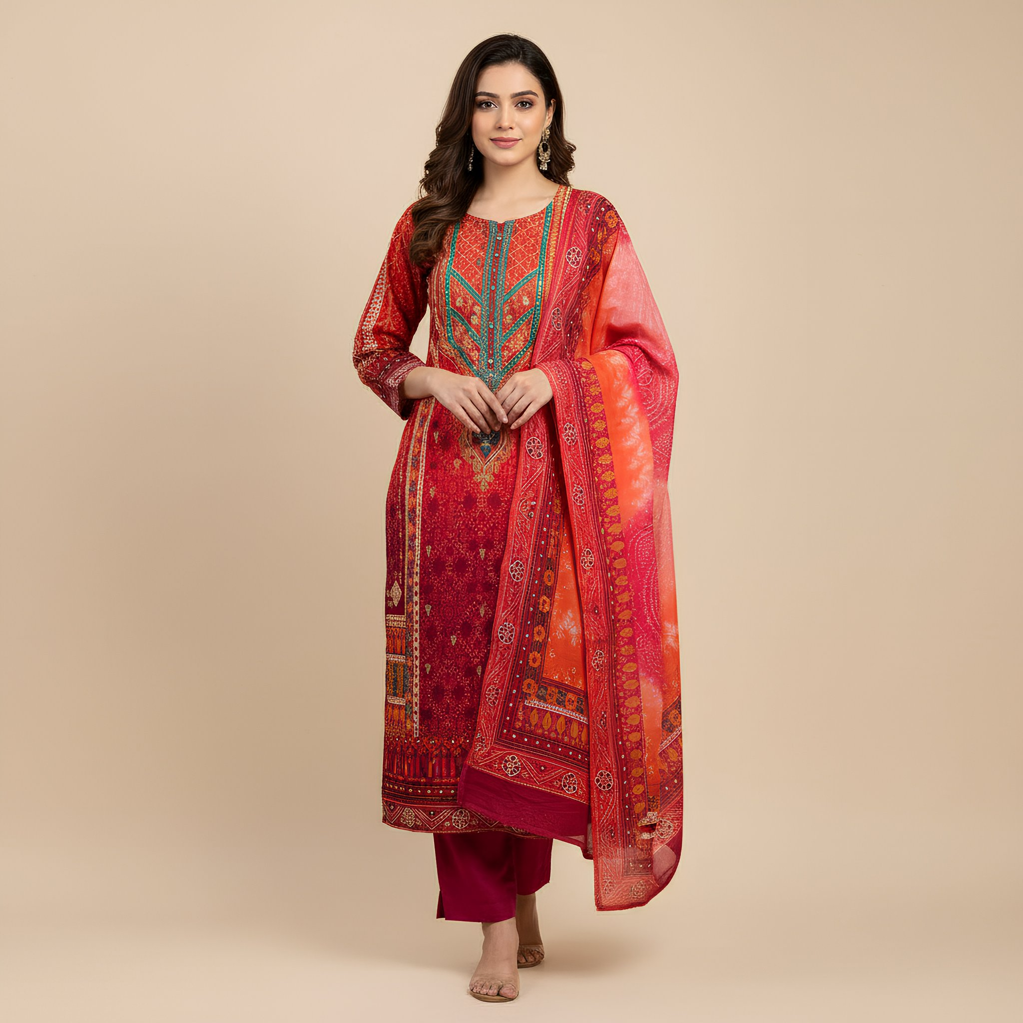 Rani Pink & Coral Red Printed Cotton Suit Set MO 1.3