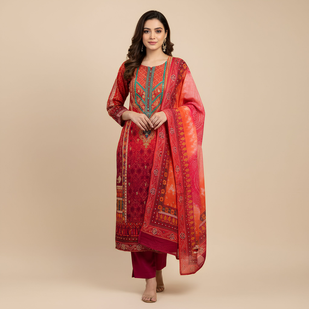 Rani Pink & Coral Red Printed Cotton Suit Set MO 1.3