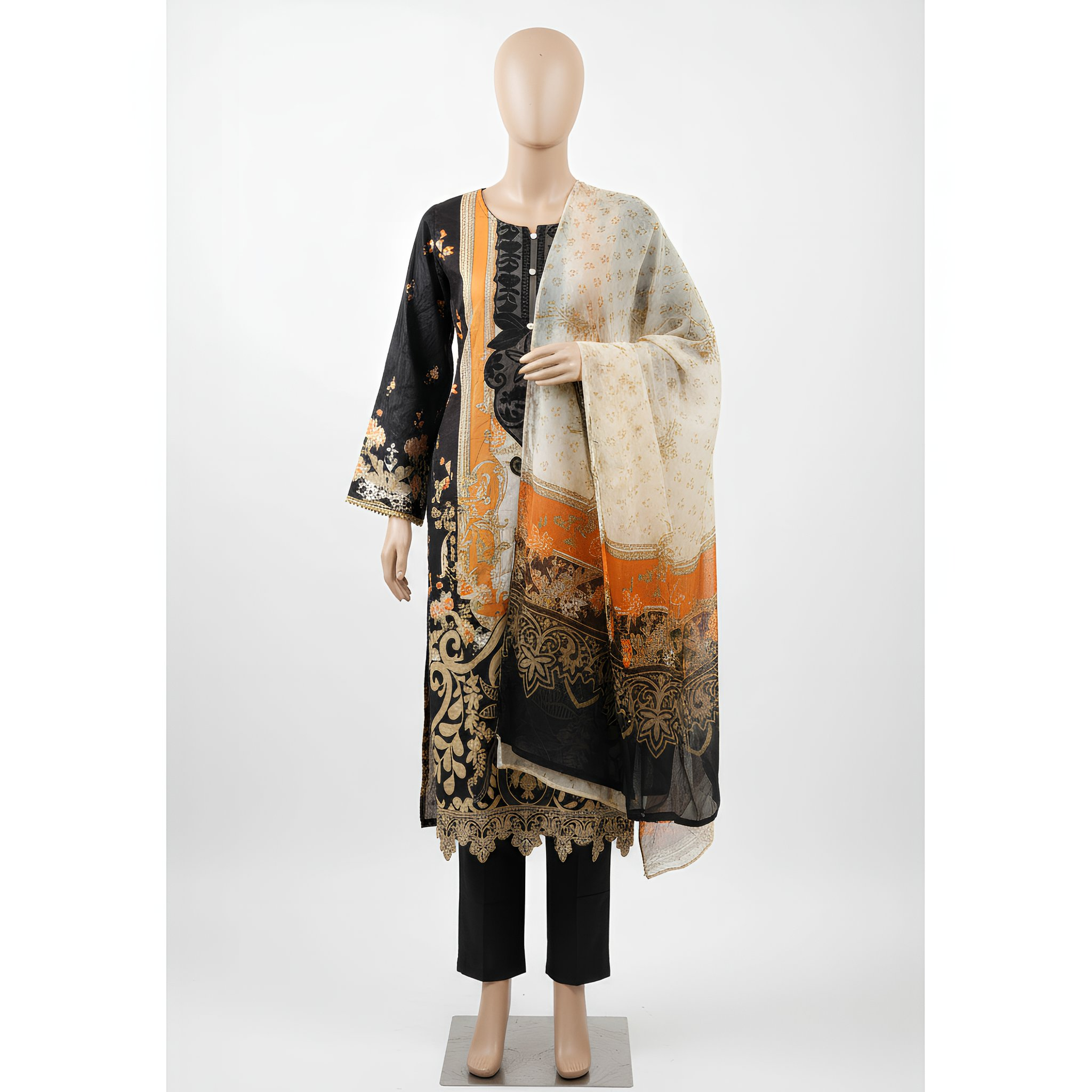 Black & Gold Ethnic Printed Cotton Blend Suit Set with Designer Dupatta  mo8.2