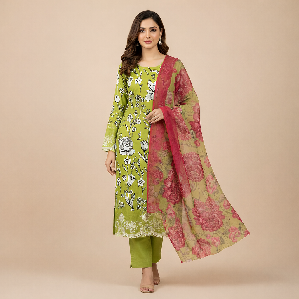 Fresh Green Floral Printed Cotton Blend Suit Set with Contrast Dupatta  mo3.5