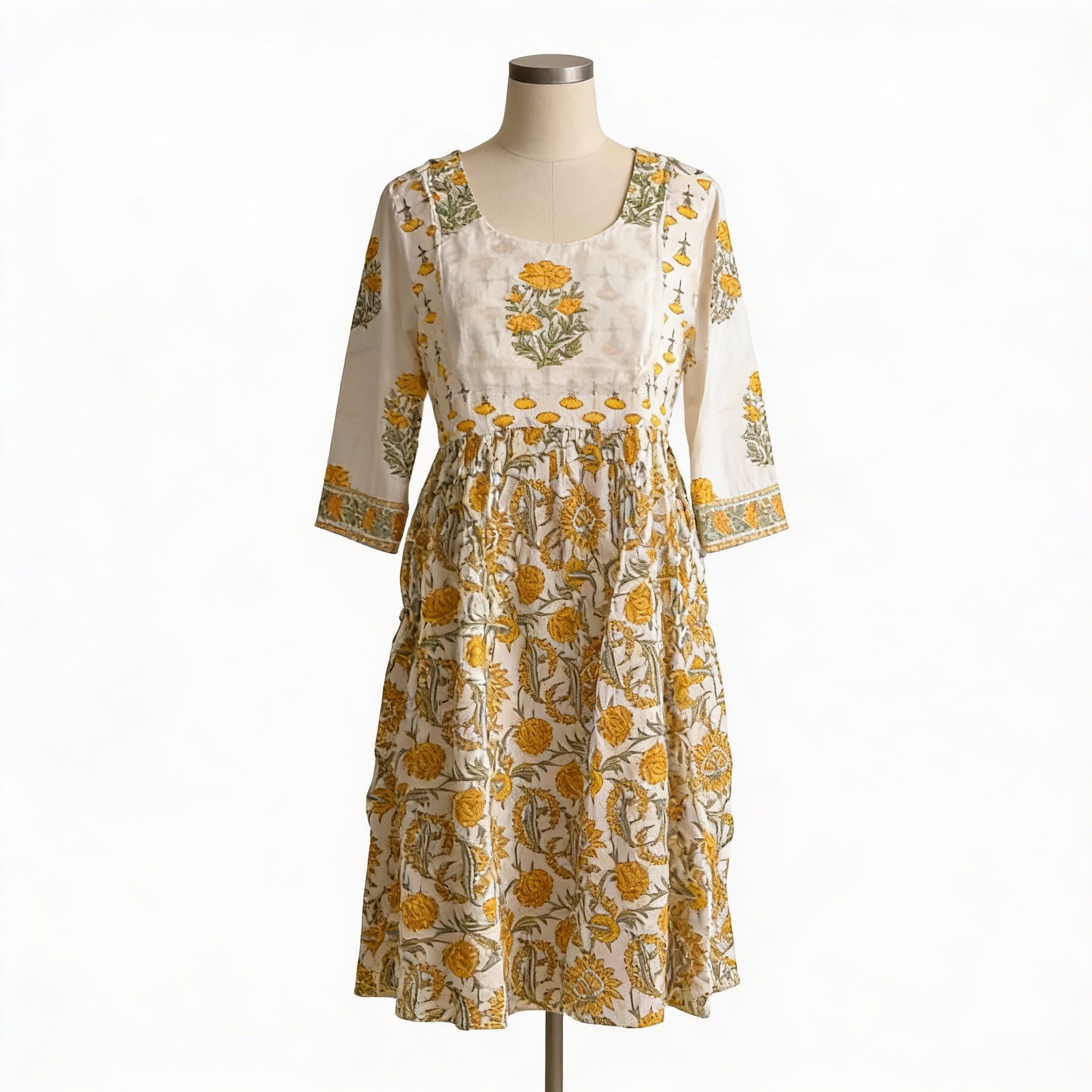 Ivory & Mustard Floral Printed Gathered Kurta HO2 XL14