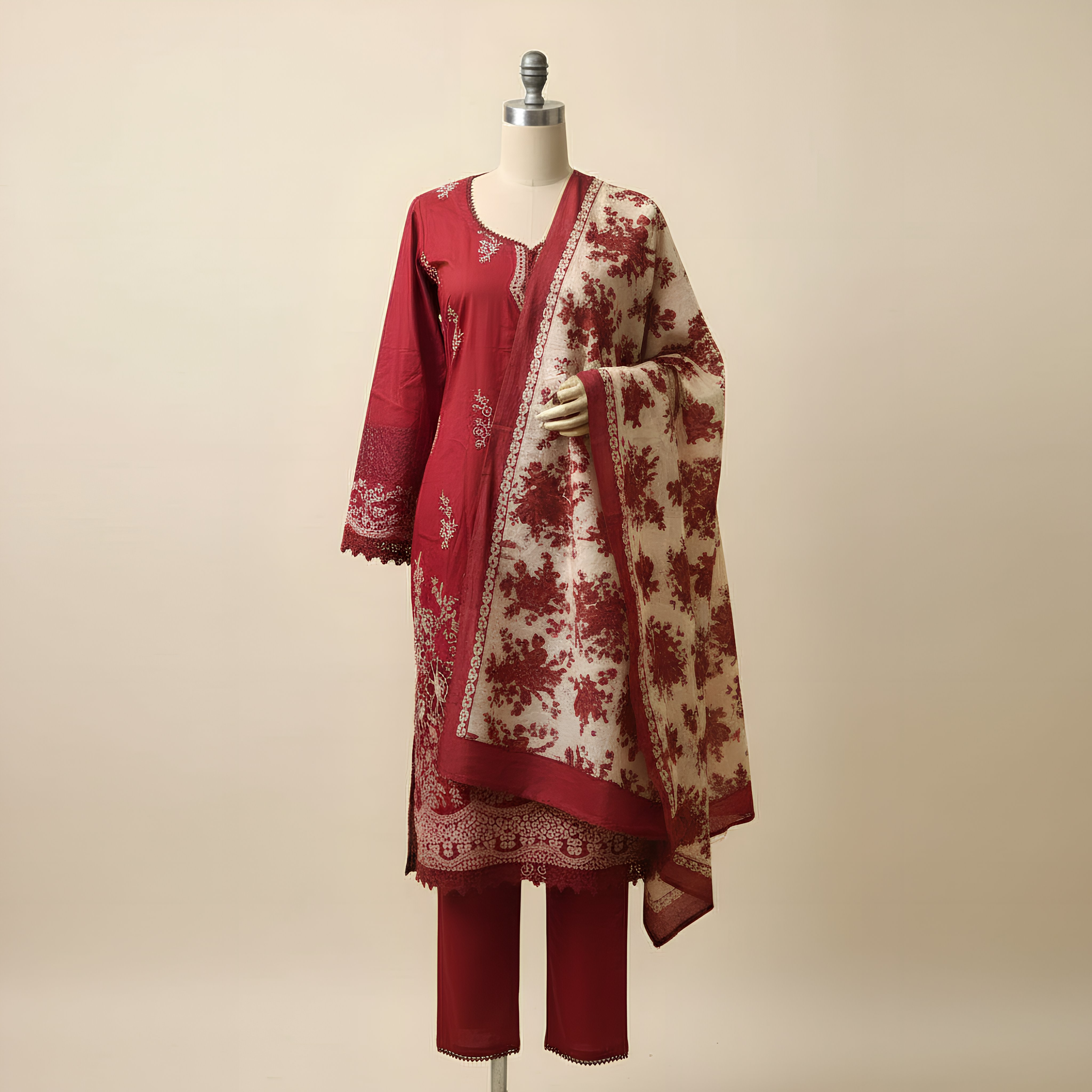 Maroon Embroidered Cotton Suit Set MO7.5