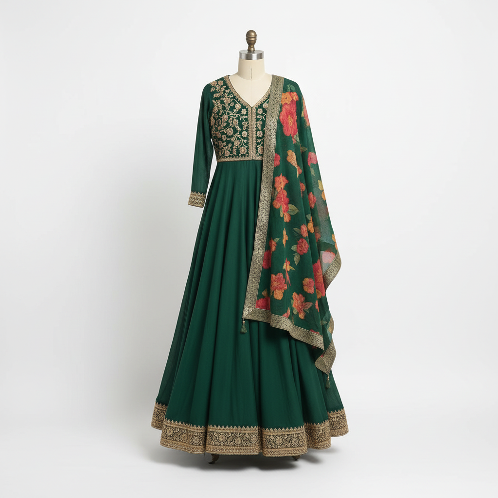 Green Floral Print Anarkali Suit with Dupatta Ho 17 - GREEN