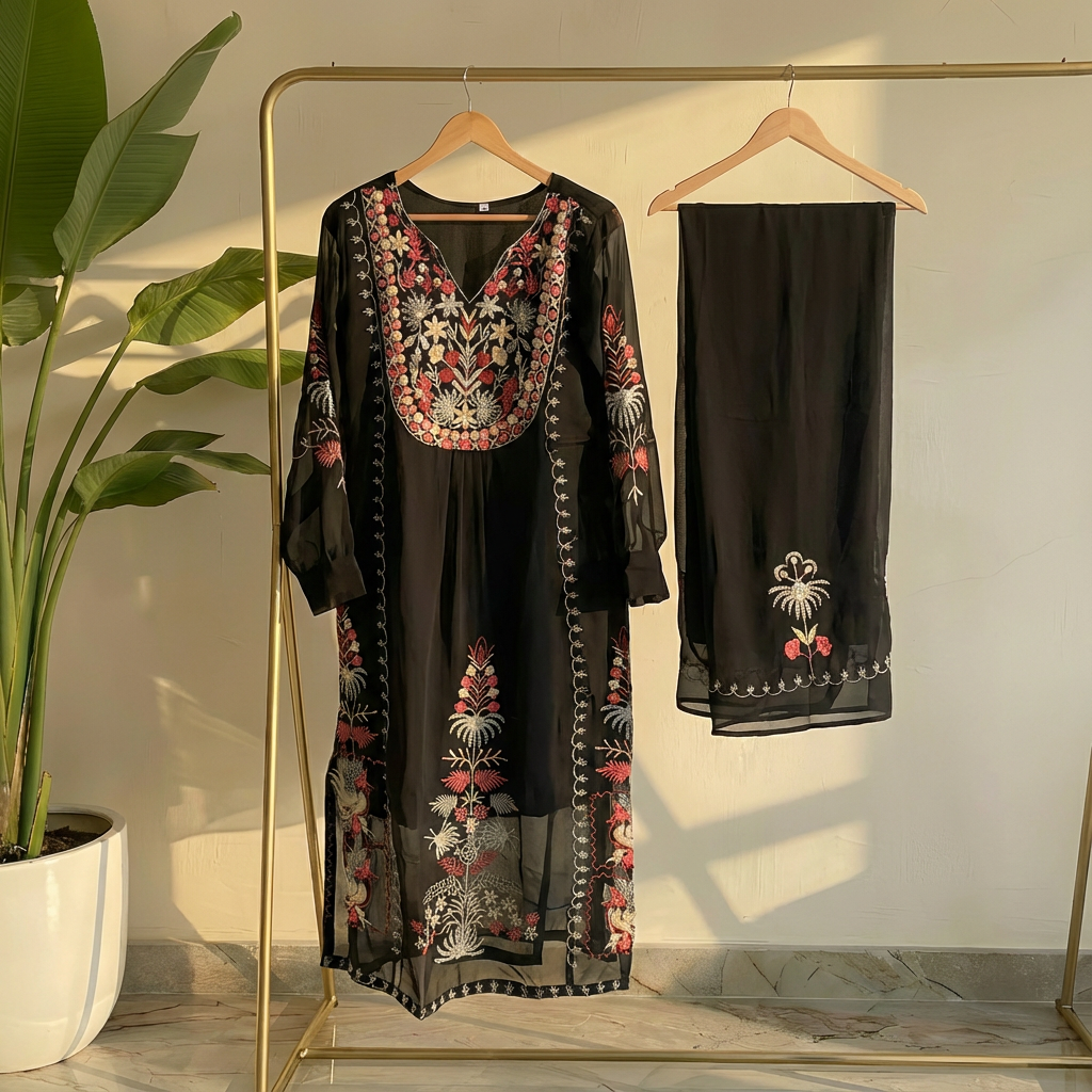 Noir Blossom Embroidered Suit Set MR 2