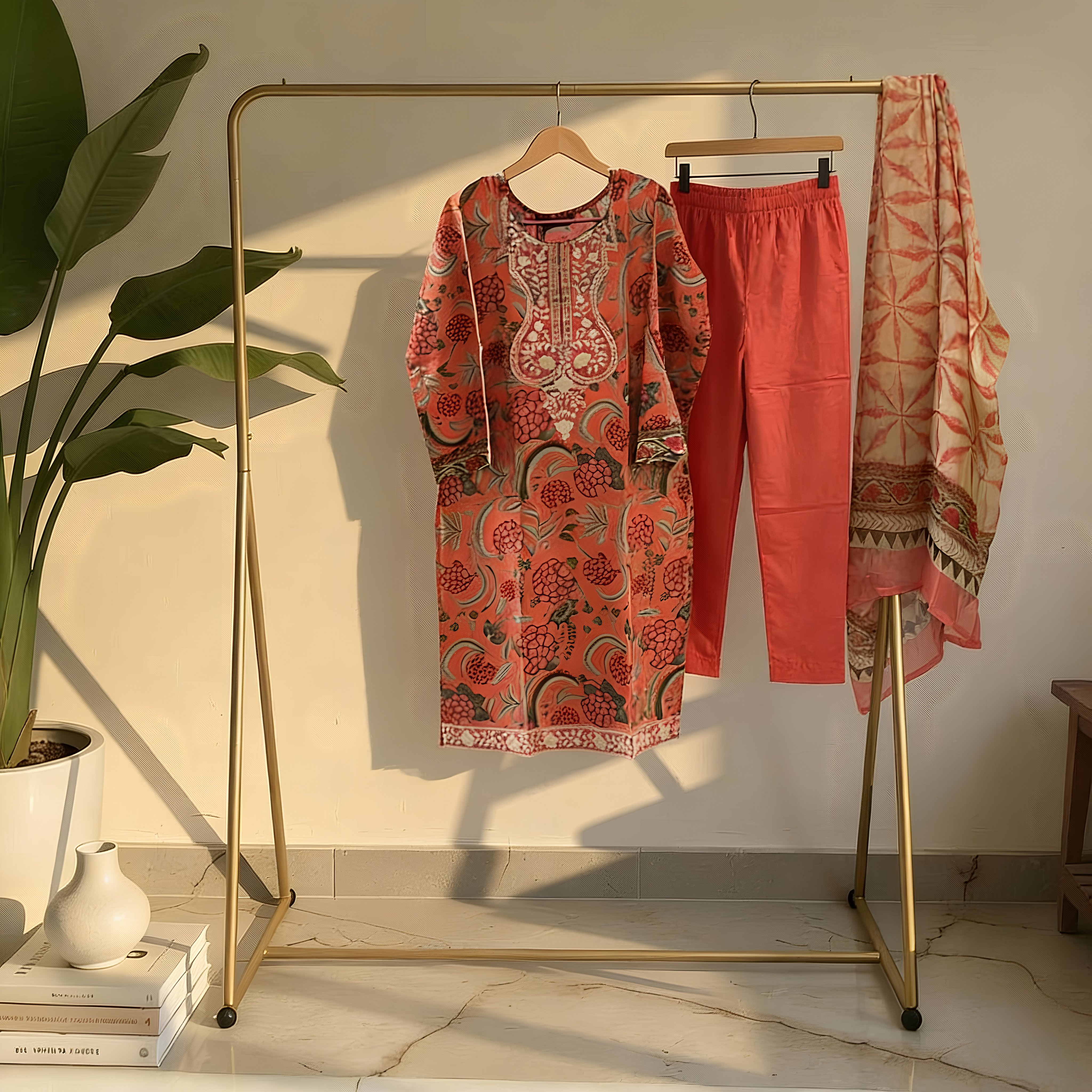 Coral Peach Ethnic Printed Cotton Blend Suit Set with Designer Dupatta mo8.5