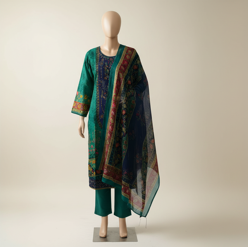 Emerald Green & Navy Blue Ethnic Printed Cotton Blend Suit Set with Designer Dupatta mo8.1
