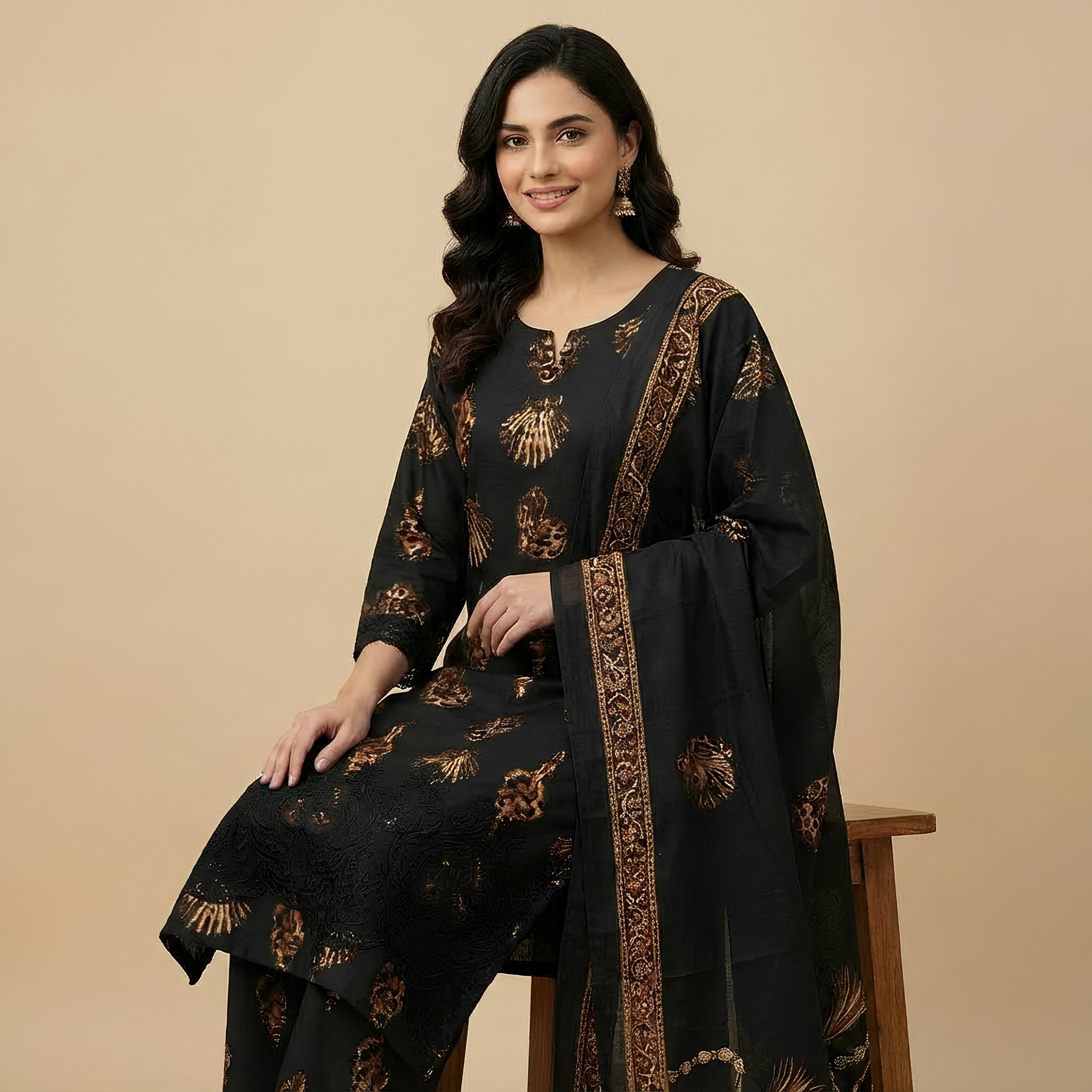 Black & Gold Printed Poly-Cotton Suit Set with Coordinated Dupatta MO2.1