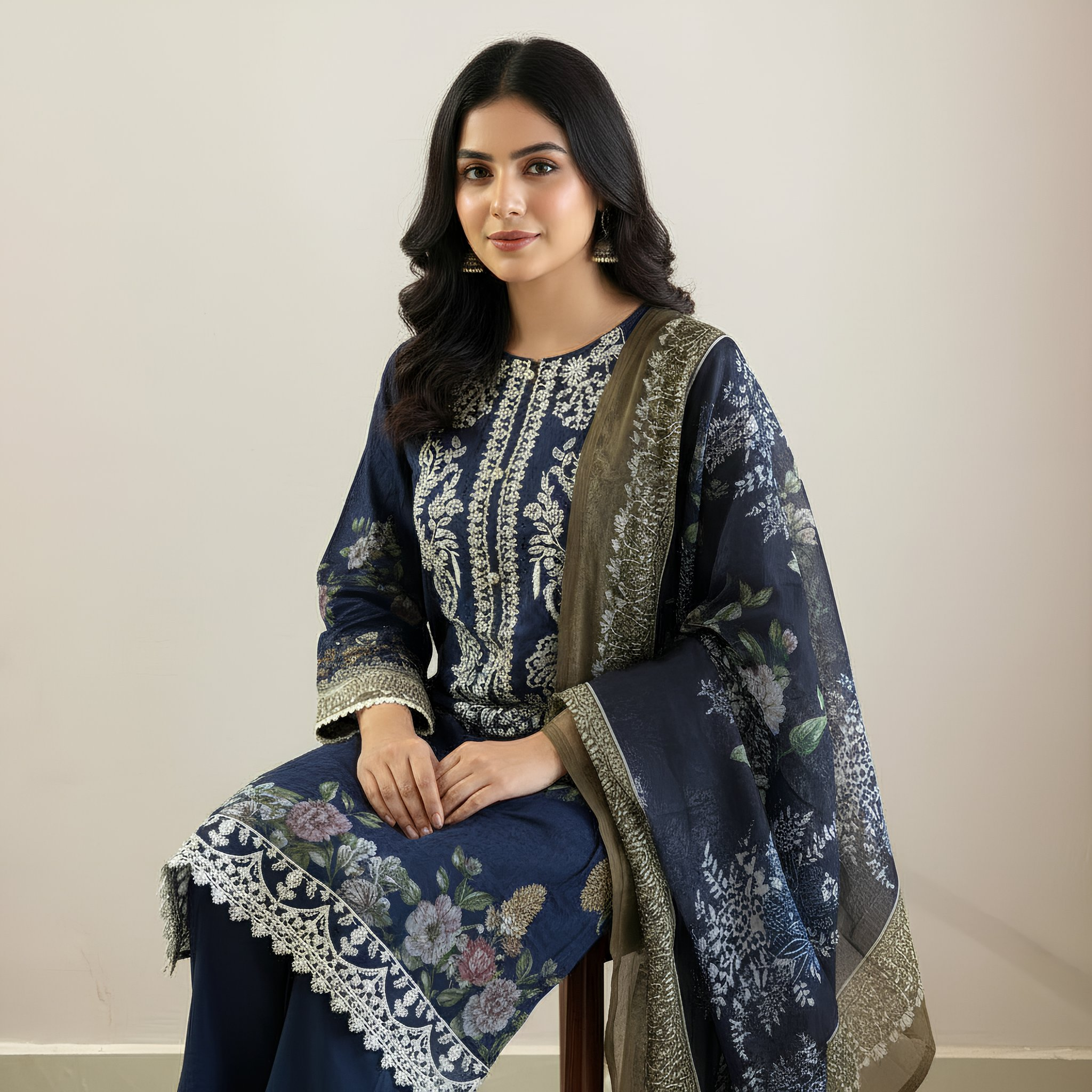 Deep Navy Blue Floral Printed Cotton Suit Set with Coordinated Dupatta  MO8.12