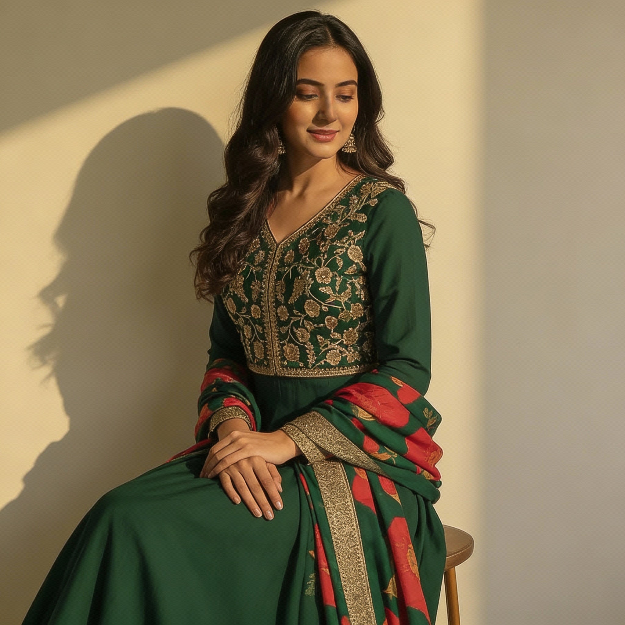 Green Floral Print Anarkali Suit with Dupatta Ho 17 - GREEN