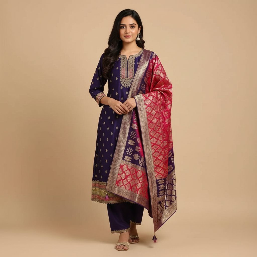 Purple Embroidered Suit Set with Dupatta Ho 14 - PURPLE