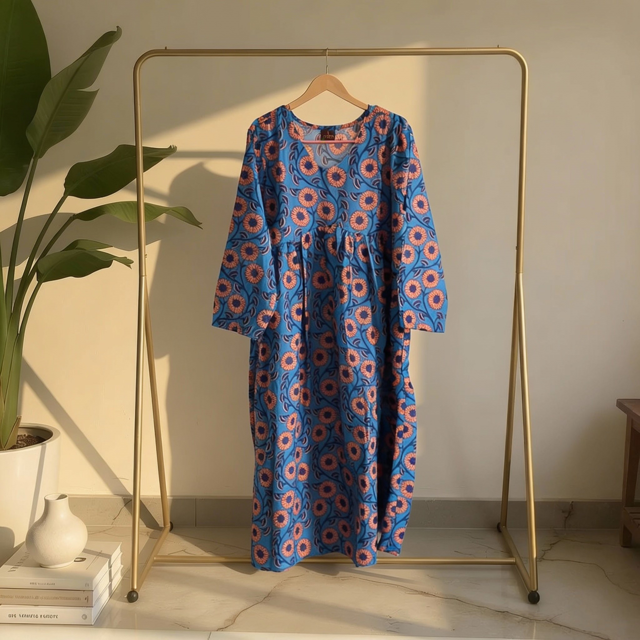 Blue Floral Printed Gathered Waist Kurta HO2 XL16