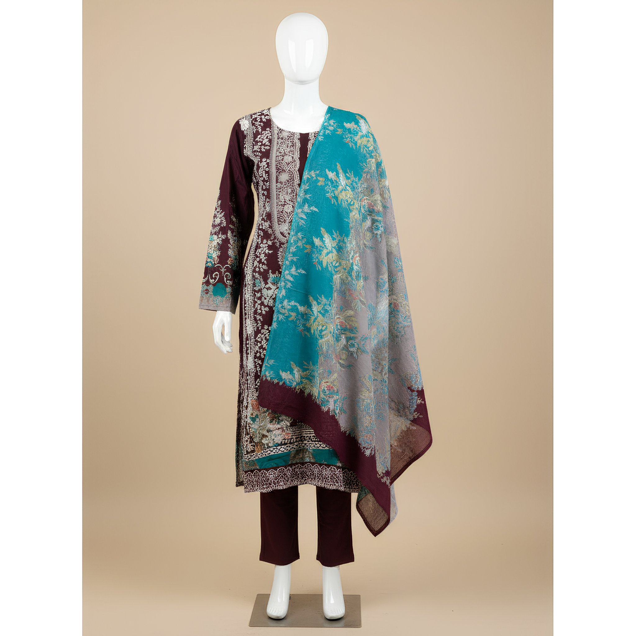 Wine Maroon & Teal Floral Printed Cotton Suit Set MO9.3
