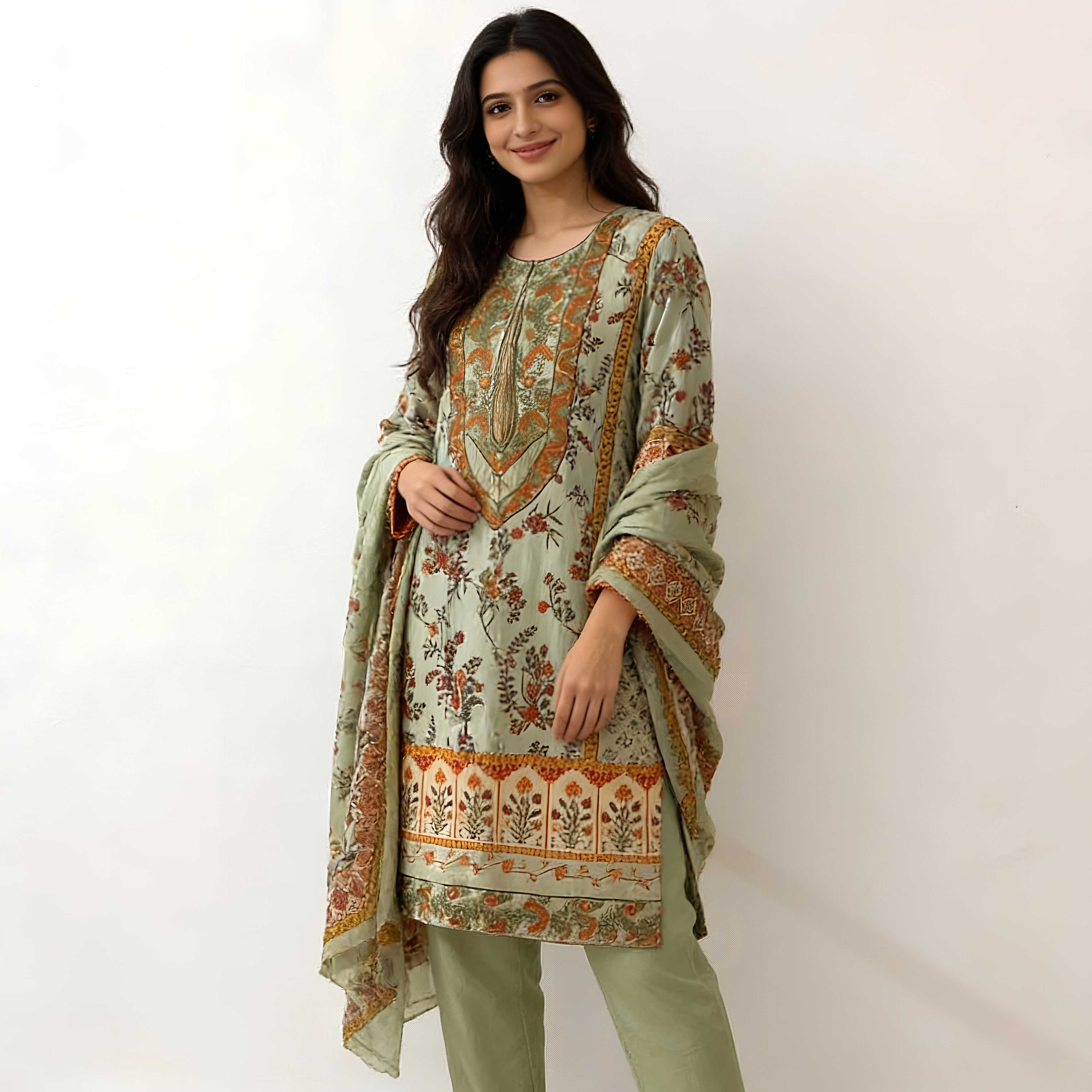 Sage Green Floral Printed Cotton Blend Suit Set with Elegant Dupatta mo8.3