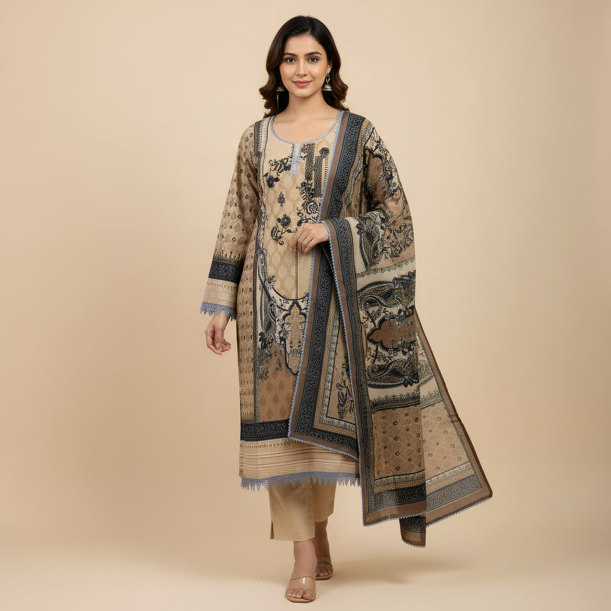 Beige Printed Ethnic Suit Set with Dupatta MO7.1