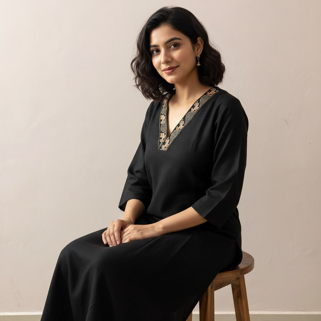 Classic Black Embroidered Straight Cotton Kurta HO2 XL3