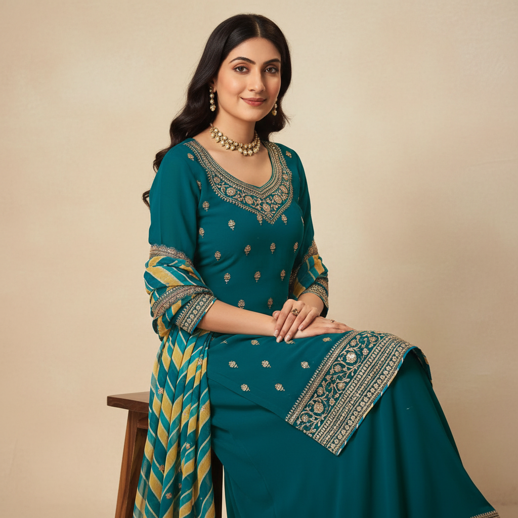 Classic Green Embroidered Suit Set Ho 7 - GREEN